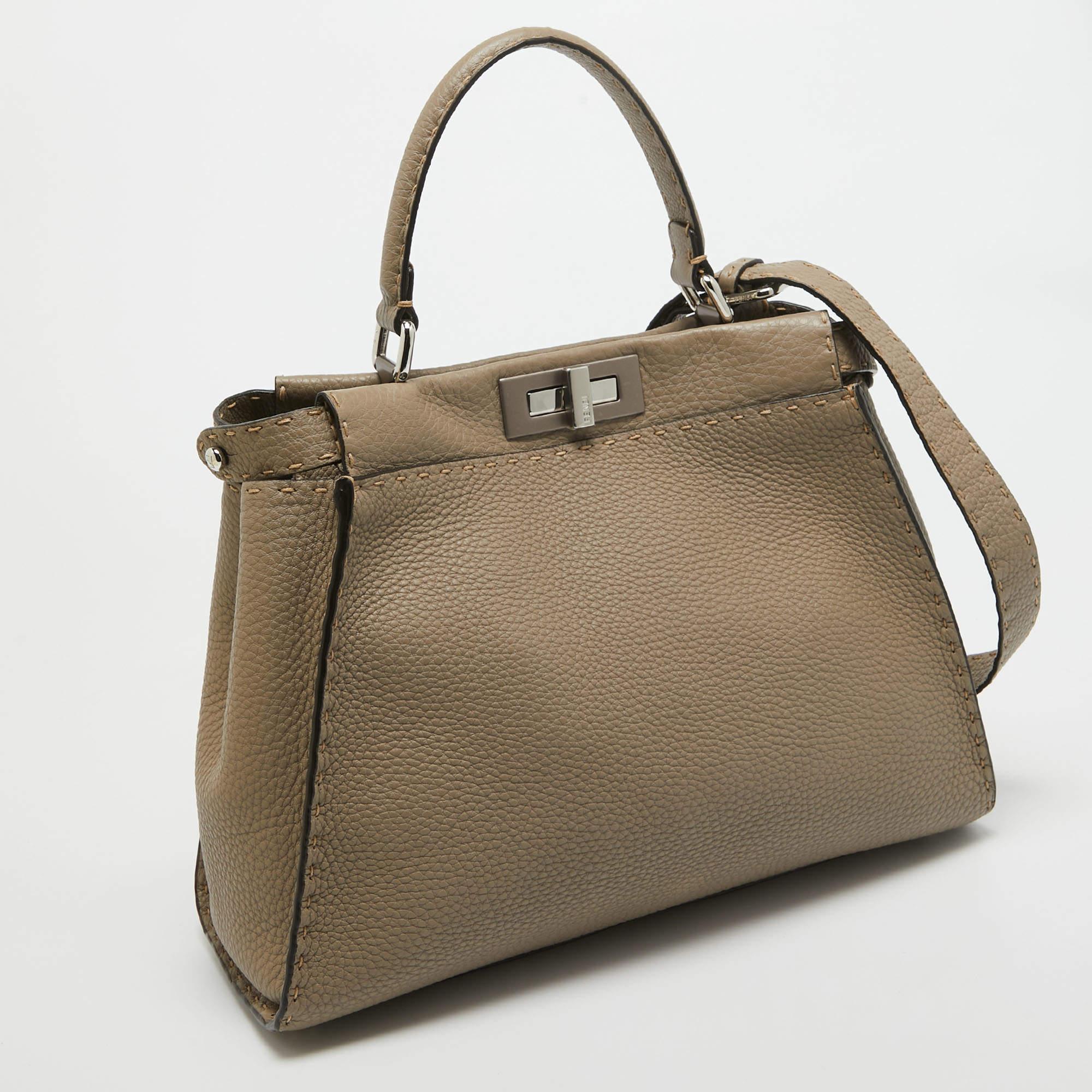 Fendi Taupe Selleria Leather Medium Iconic Peekaboo Top Handle Bag In Excellent Condition For Sale In Dubai, Al Qouz 2