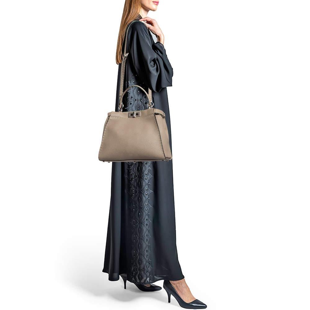 Women's Fendi Taupe Selleria Leather Medium Iconic Peekaboo Top Handle Bag For Sale