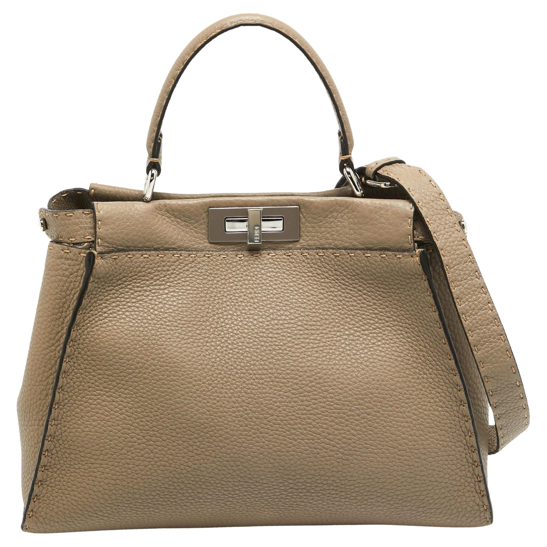 Fendi Taupe Selleria Leather Medium Iconic Peekaboo Top Handle Bag For Sale