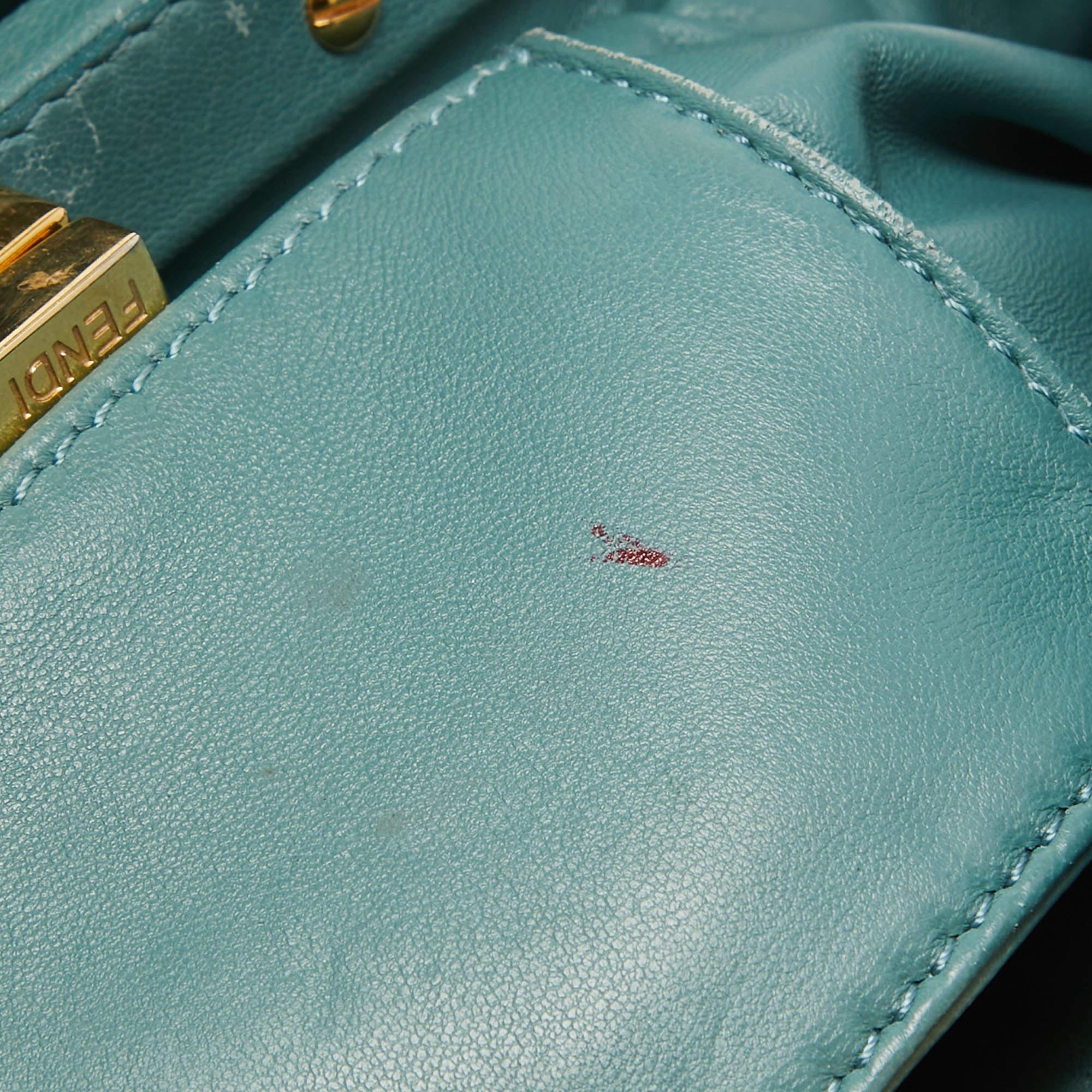 Fendi Teal Blue Leather Mini Peekaboo Top Handle Bag For Sale 11