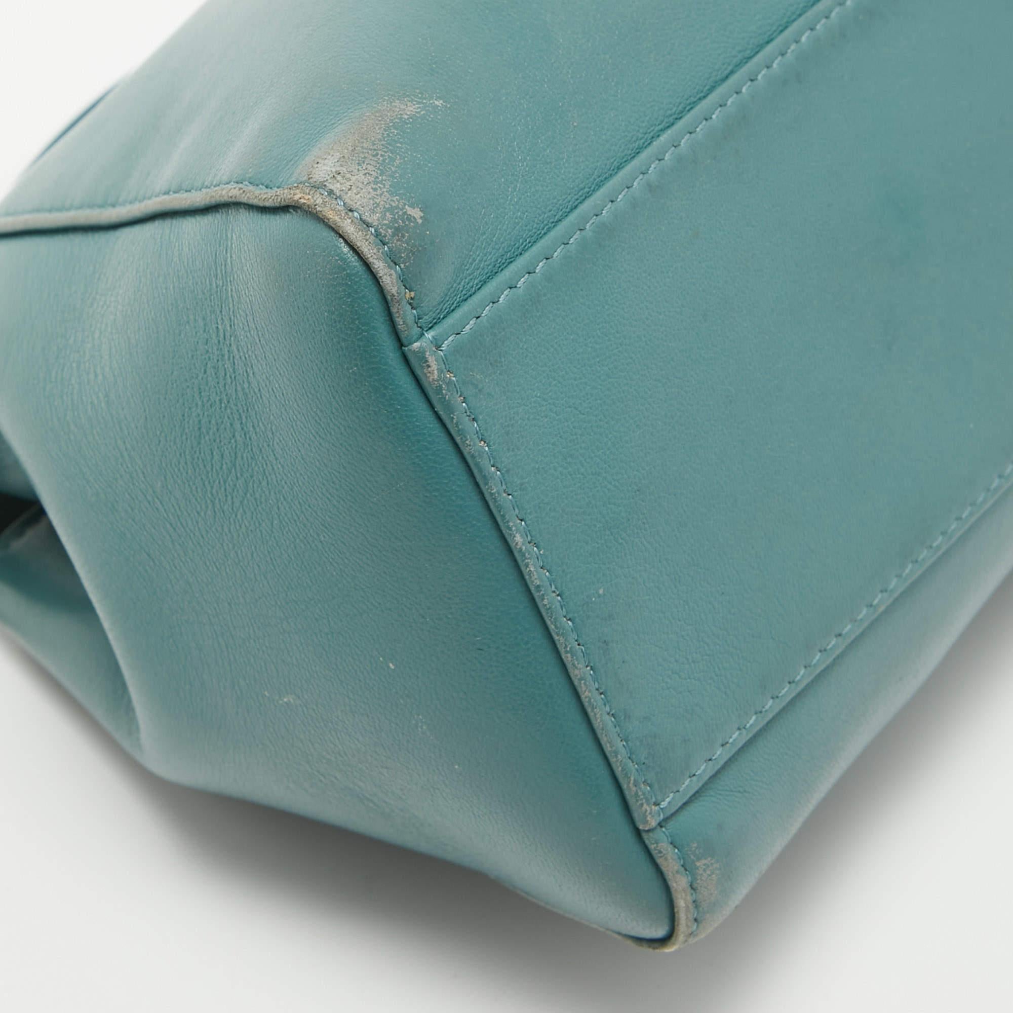 Fendi Teal Blue Leather Mini Peekaboo Top Handle Bag For Sale 12