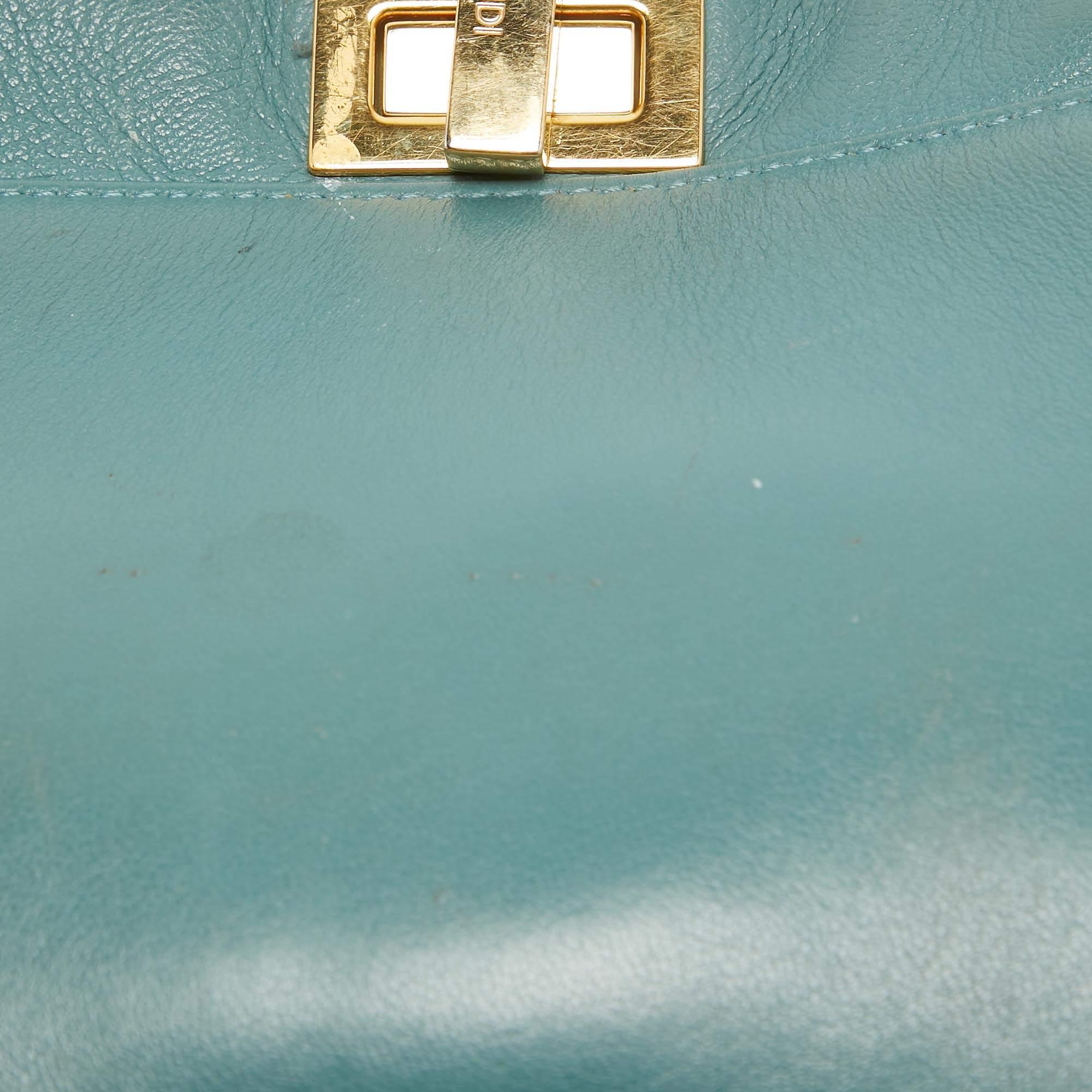Fendi Teal Blue Leather Mini Peekaboo Top Handle Bag For Sale 13