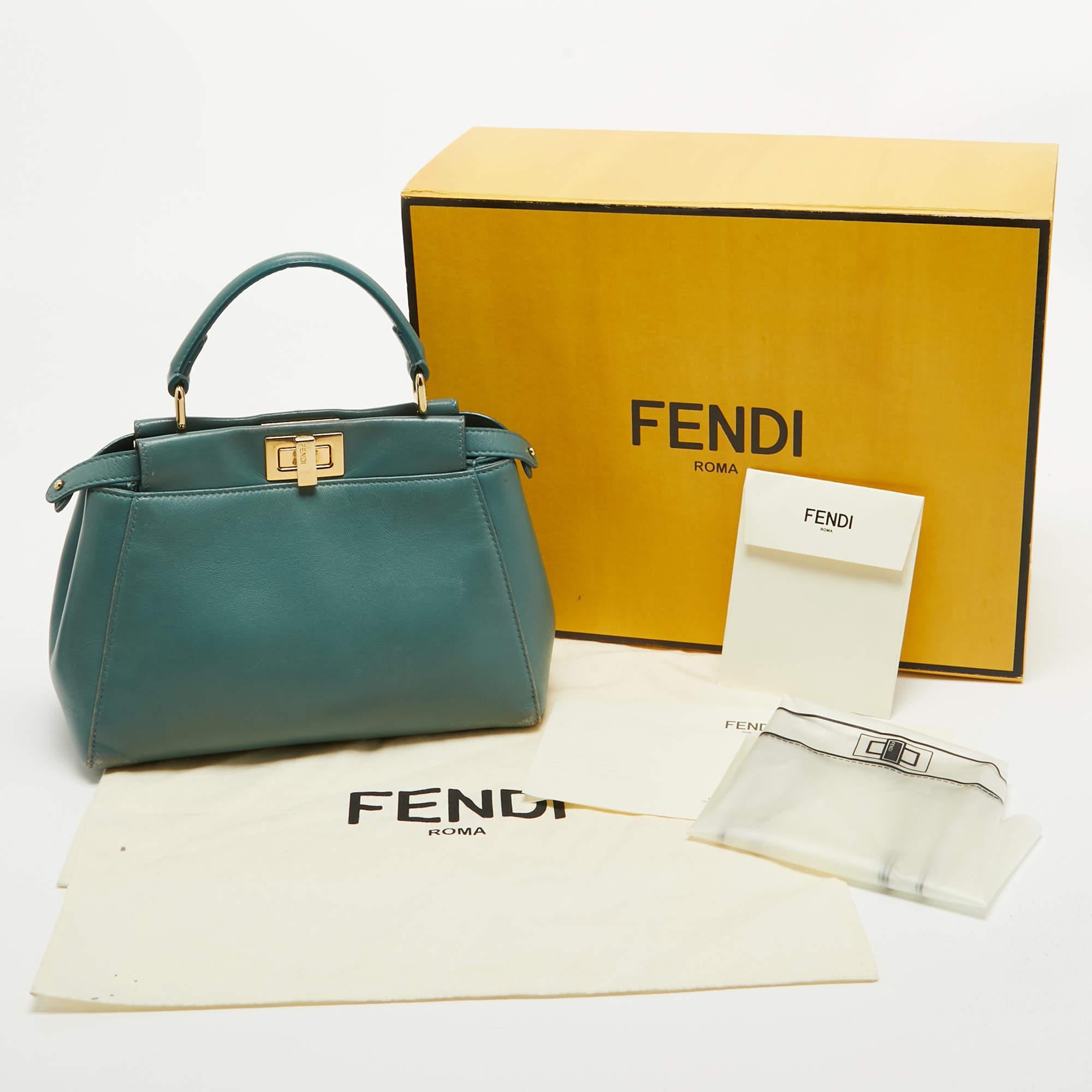Fendi Teal Blue Leather Mini Peekaboo Top Handle Bag For Sale 16