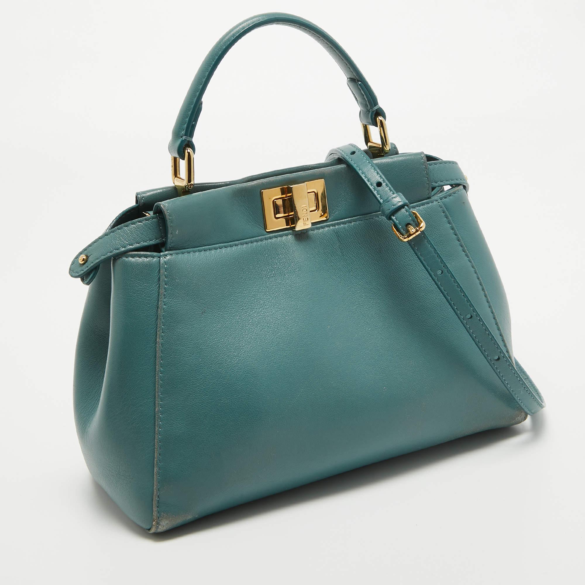 Women's Fendi Teal Blue Leather Mini Peekaboo Top Handle Bag For Sale