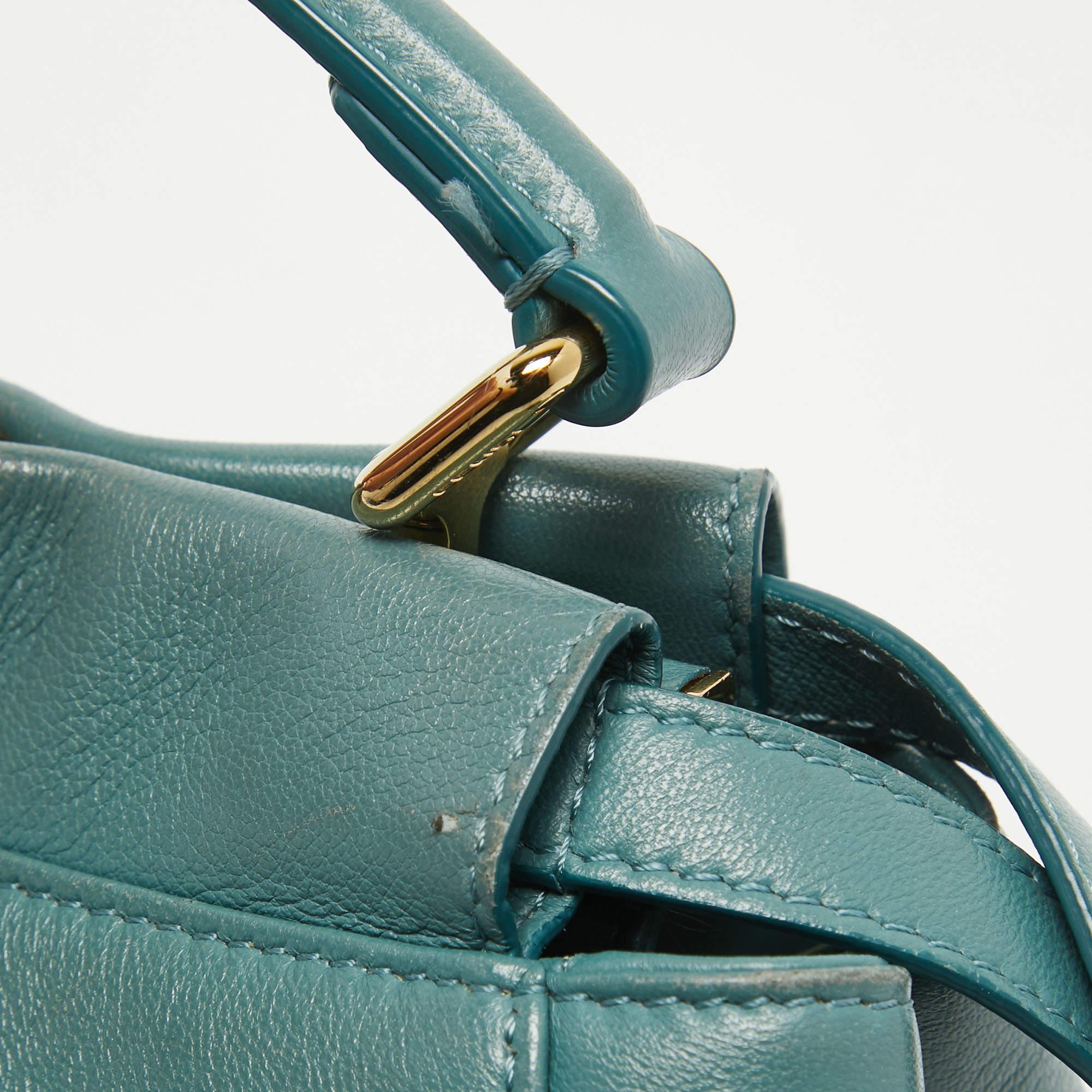 Fendi Teal Blue Leather Mini Peekaboo Top Handle Bag For Sale 3
