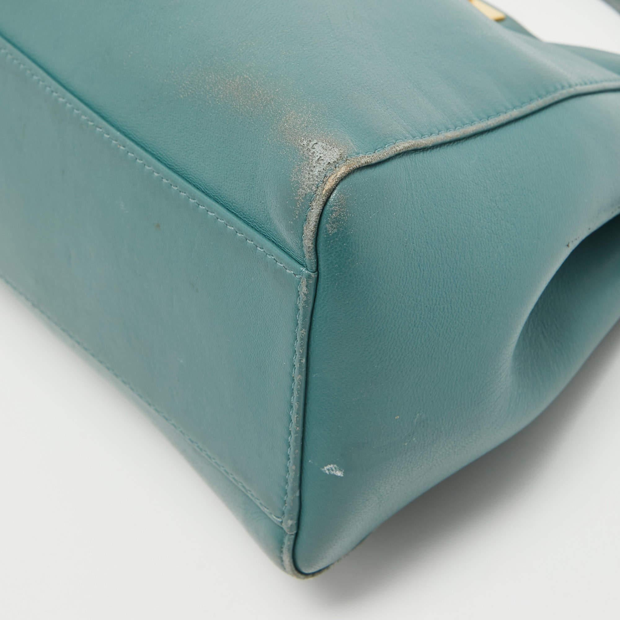Fendi Teal Blue Leather Mini Peekaboo Top Handle Bag For Sale 4