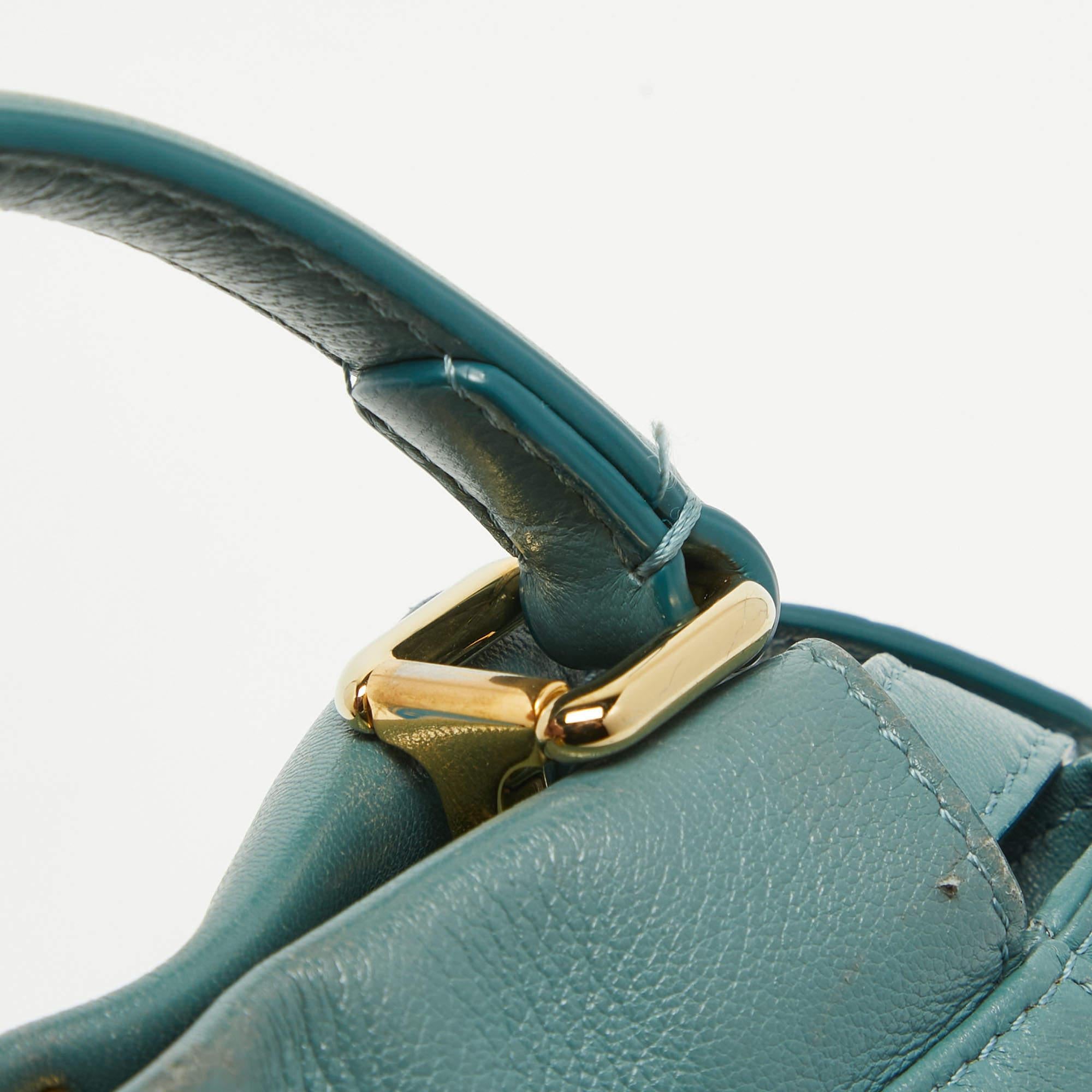 Fendi Teal Blue Leather Mini Peekaboo Top Handle Bag For Sale 5