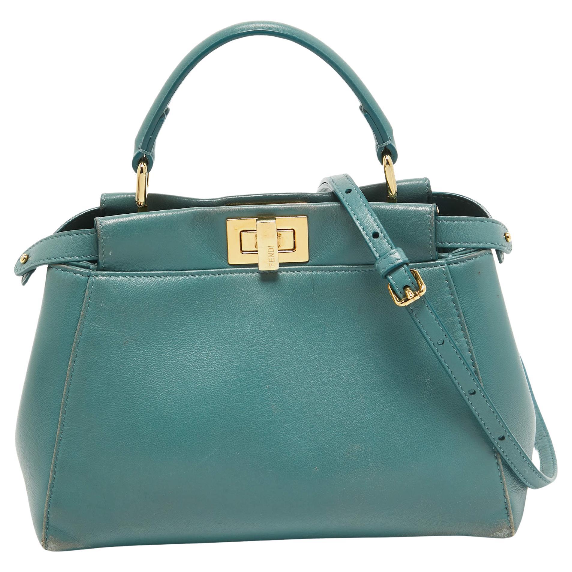 Fendi Teal Blue Leather Mini Peekaboo Top Handle Bag For Sale