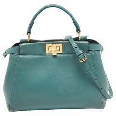 Fendi Teal Blaue Mini Peekaboo Top Handle Bag aus Leder