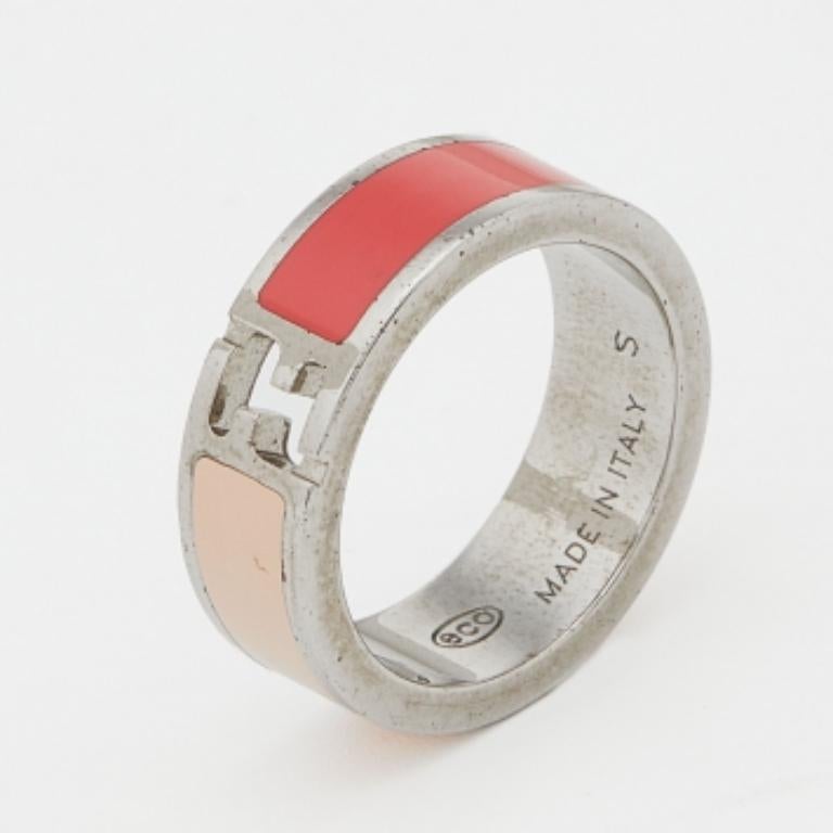 Fendi The Fendista Bi-color Enamel Silver Tone Band Ring Size 50 For Sale 1