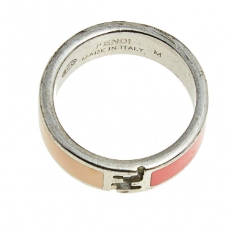 Fendi The Fendista Bi-color Enamel Silver Tone Band Ring Size 55 In Fair Condition For Sale In Dubai, Al Qouz 2