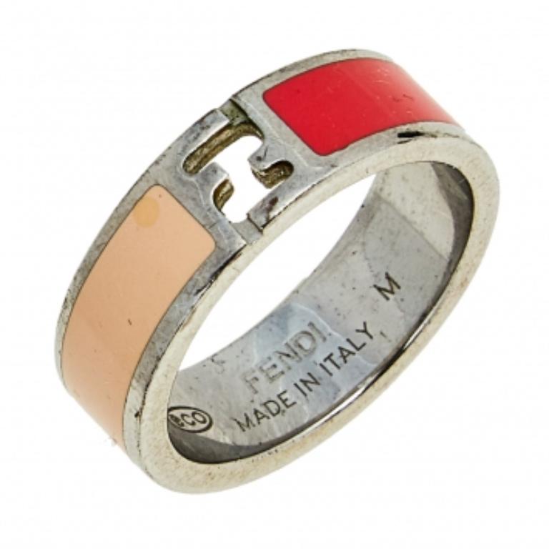 Fendi The Fendista Bi-color Enamel Silver Tone Band Ring Size 55 For Sale 2