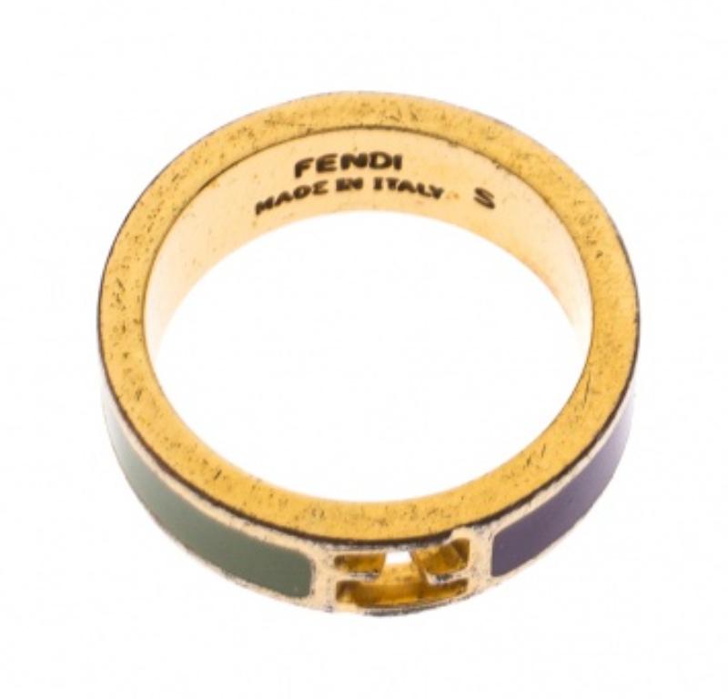 Fendi The Fendista Bicolor Enamel Gold Tone Band Ring Size EU 51 Damen im Angebot