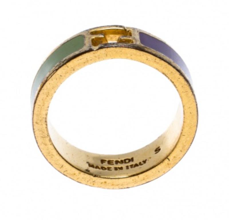Fendi The Fendista Bicolor Enamel Gold Tone Band Ring Size EU 51 im Angebot 2