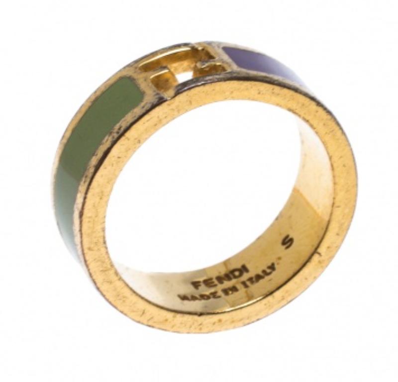 Fendi The Fendista Bicolor Enamel Gold Tone Band Ring Size EU 51 im Angebot 3