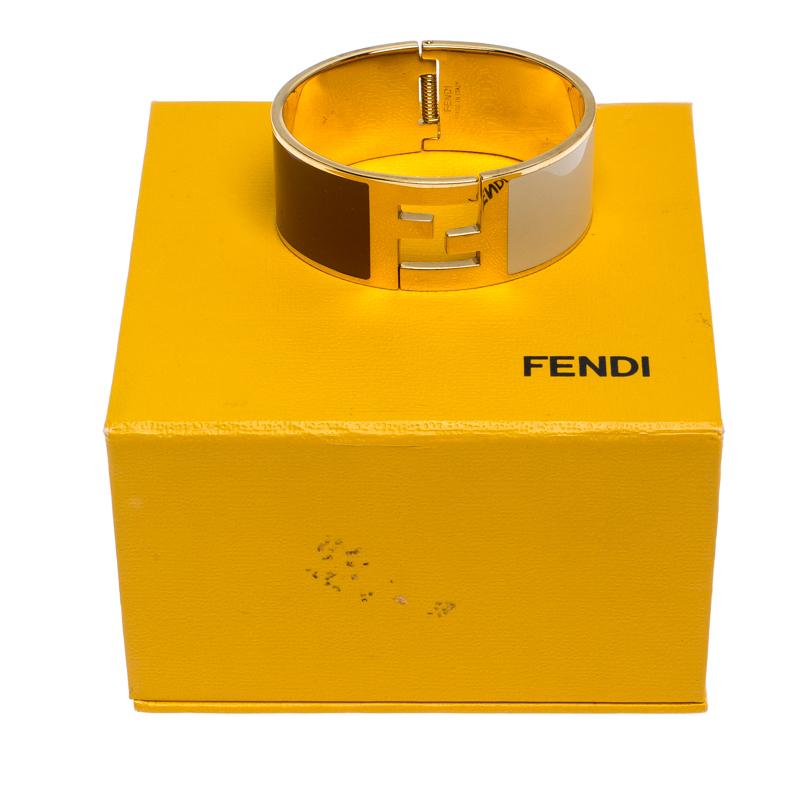 Contemporary Fendi The Fendista Brown & Cream Enamel Gold Tone Wide Bracelet 15 cm