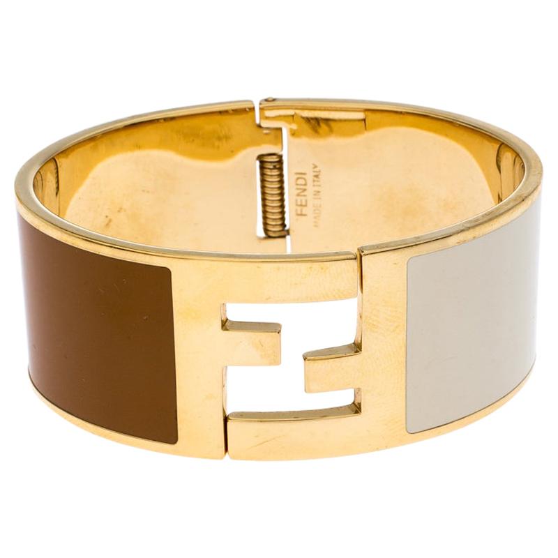 Fendi The Fendista Brown & Cream Enamel Gold Tone Wide Bracelet 15 cm