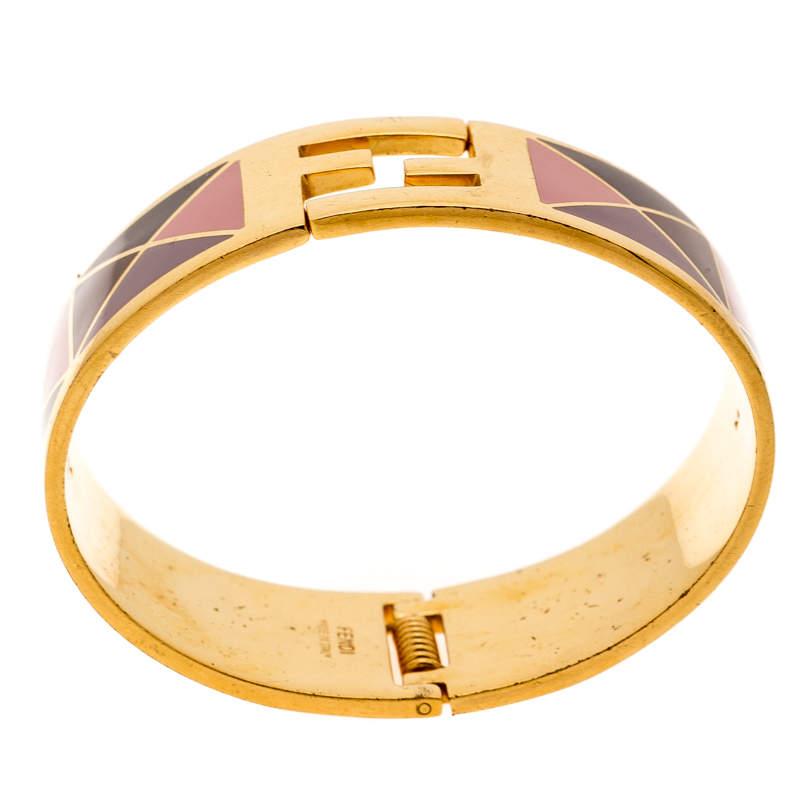 Aesthetic Movement Fendi The Fendista Multicolor Geometric Enamel Gold Tone Wide Bracelet M For Sale