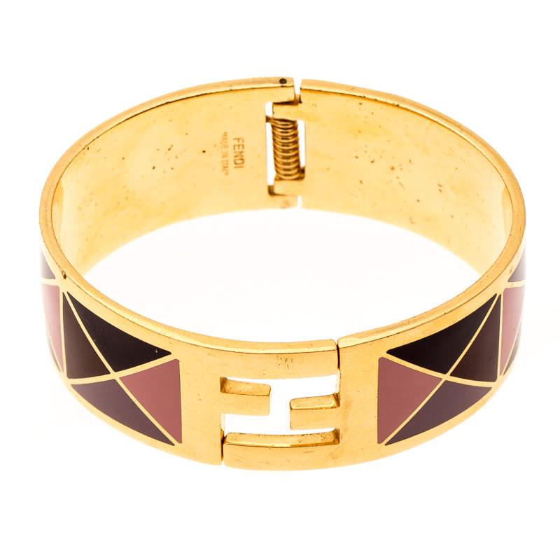Fendi The Fendista Multicolor Geometric Enamel Gold Tone Wide Bracelet M In Good Condition For Sale In Dubai, Al Qouz 2