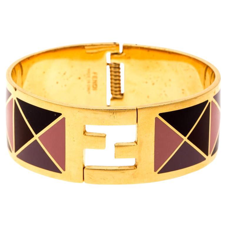Fendi The Fendista Multicolor Geometric Enamel Gold Tone Wide Bracelet M For Sale