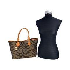 Fendi Tiger Print Canvas Orange Leather Handles Tote Shoulder Bag
