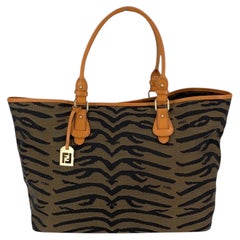 Fendi Tiger Print Canvas Orange Leather Handles Tote Shoulder Bag