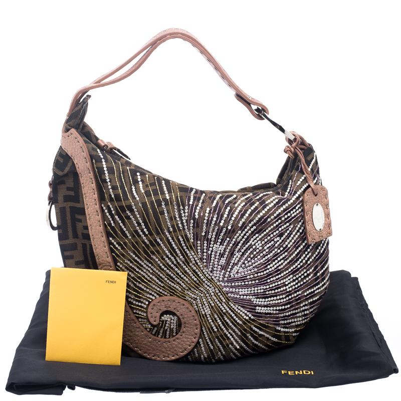 Fendi Tobacco/Beige Zucca Canvas and Leather Crystal Embellished Oyster Hobo 5