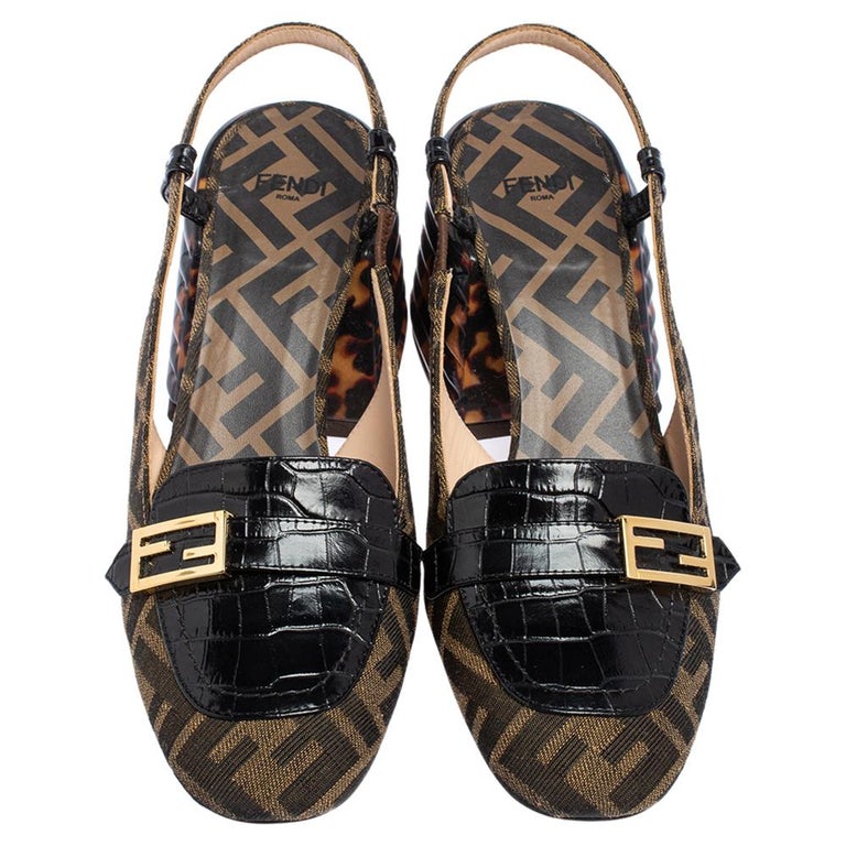 Fendi Tobacco/Black Croc Embossed Promenade FF Motif Slingback Sandals Size  37.5 at 1stDibs