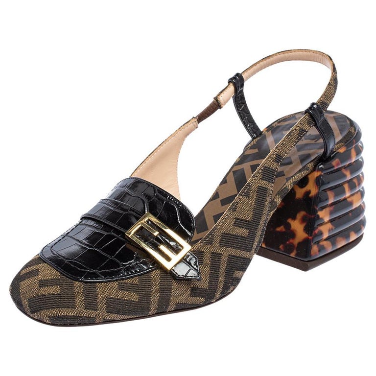 Fendi Tobacco/Black Croc Embossed Promenade FF Motif Slingback Sandals ...