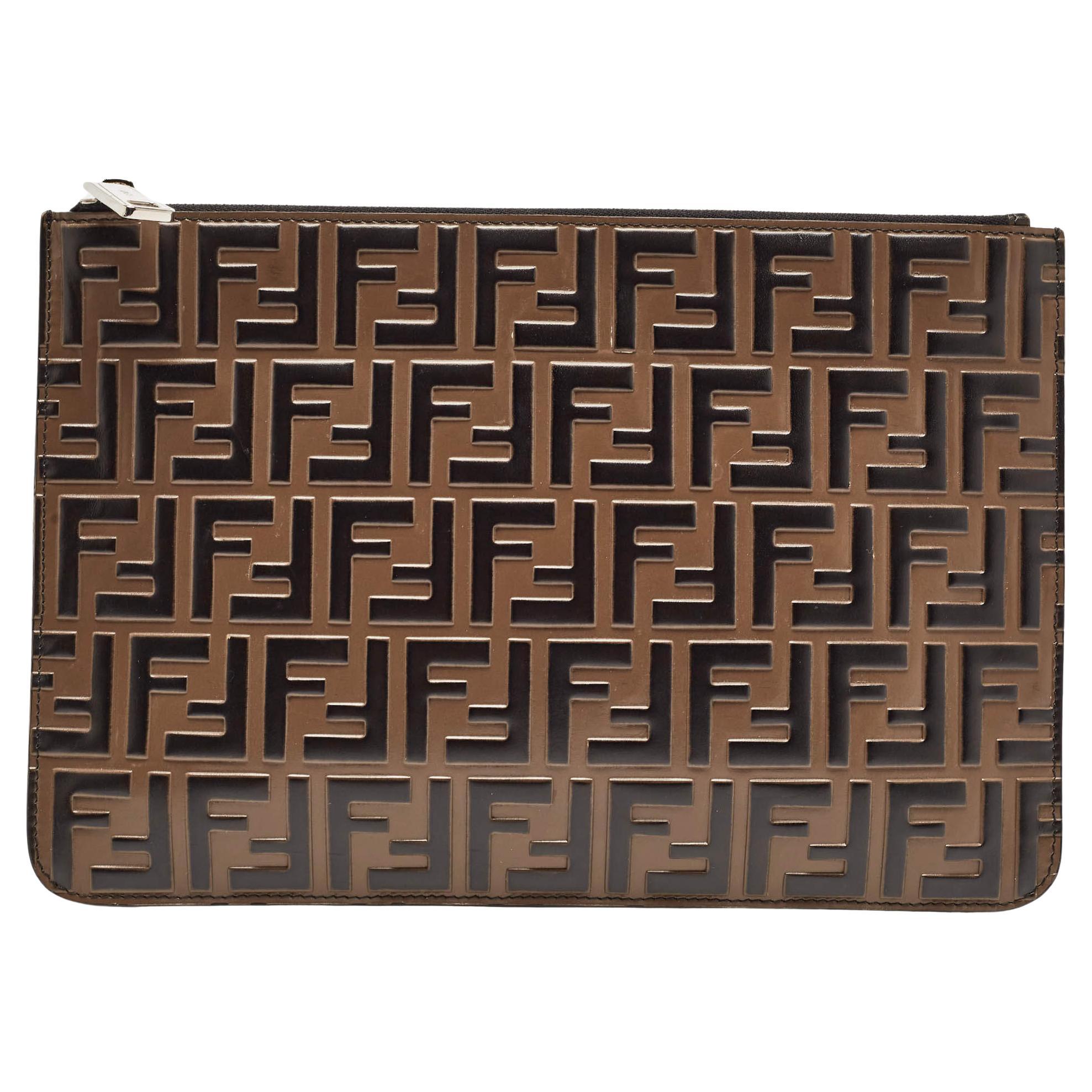 Fendi Tobacco/Black Zucca Embossed Leather Zip Pouch For Sale