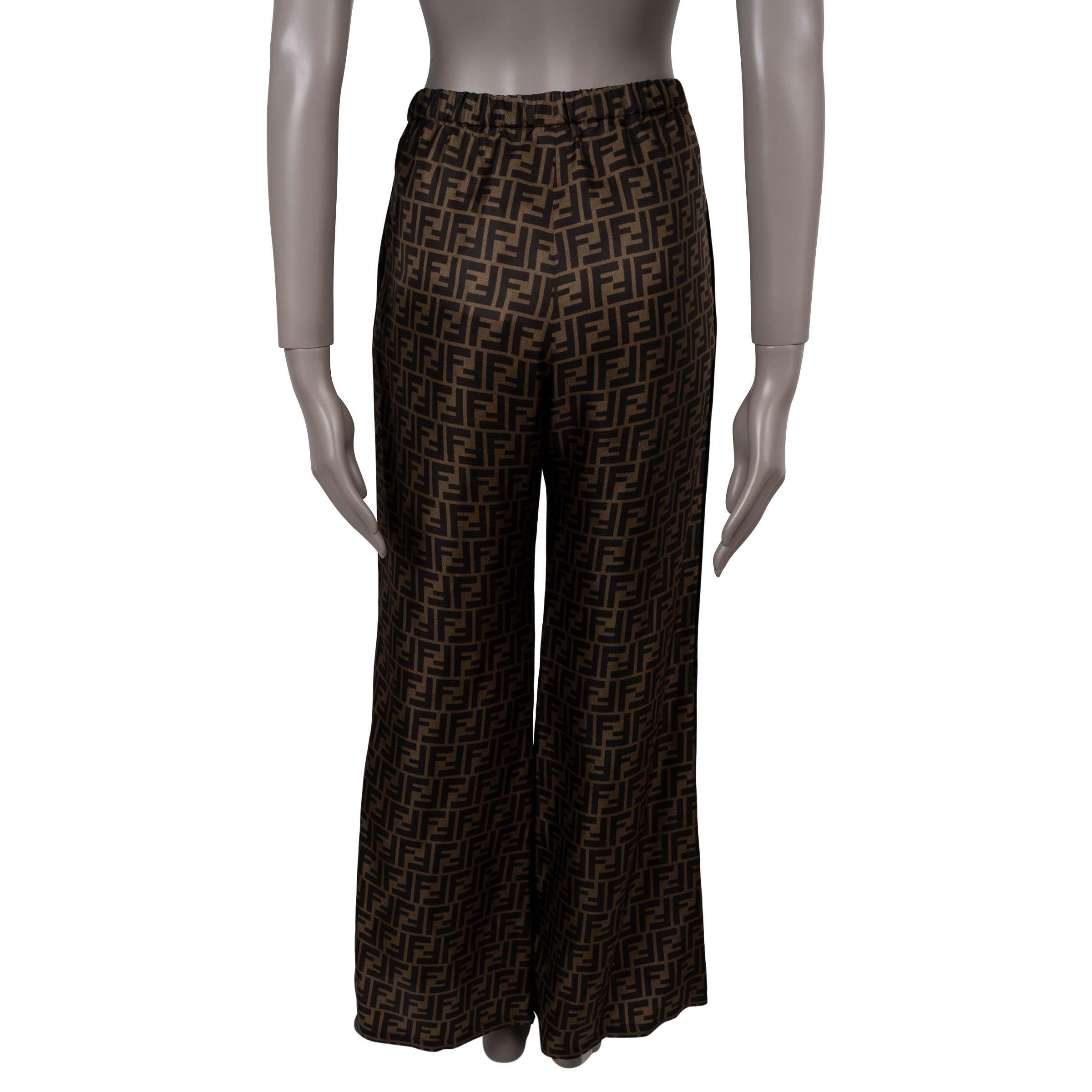 Noir FENDI Tabac soie marron 2023 ZUCCA PALAZZO Pantalon 40 S en vente