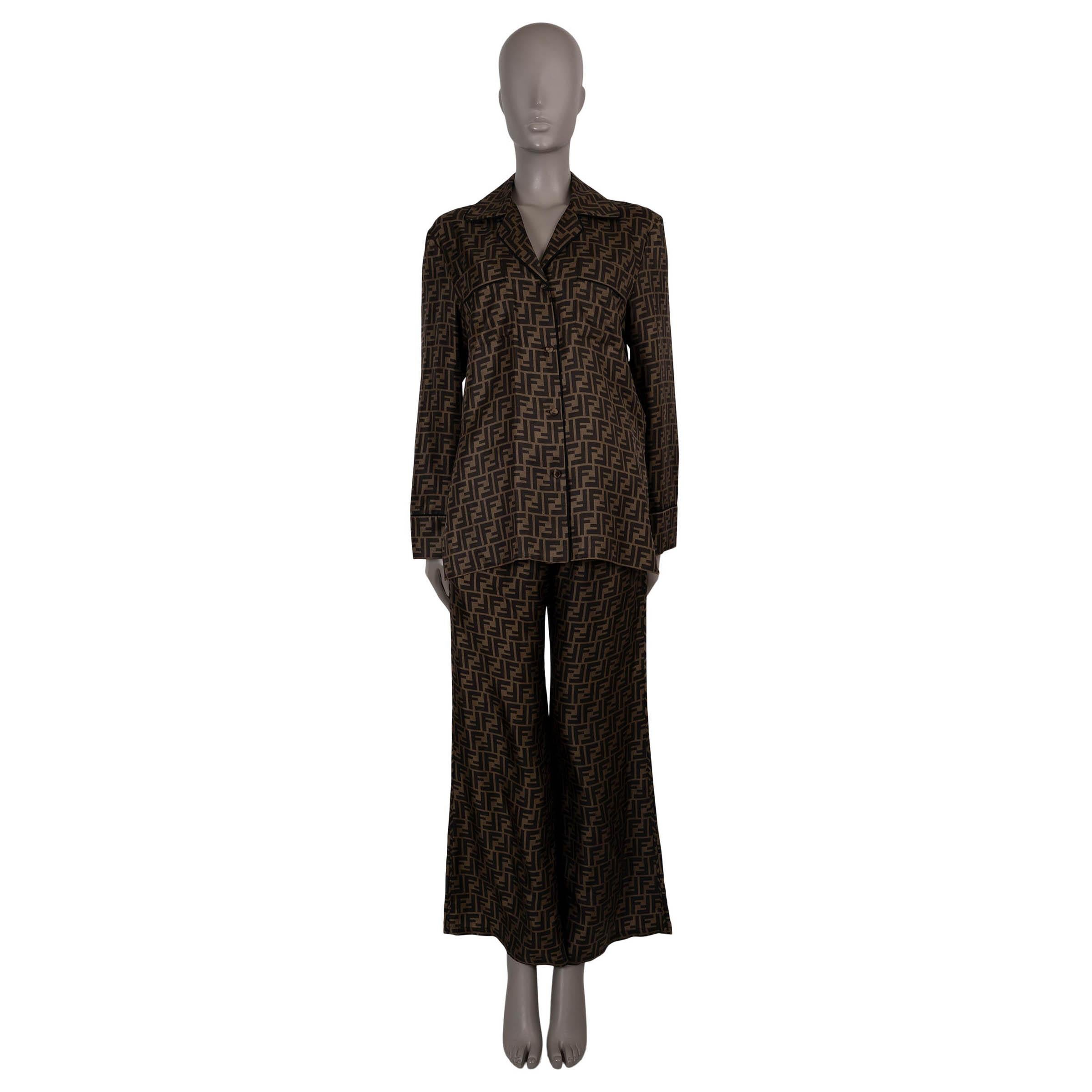 FENDI Tabac soie marron 2023 ZUCCA PALAZZO Pantalon 40 S en vente 1