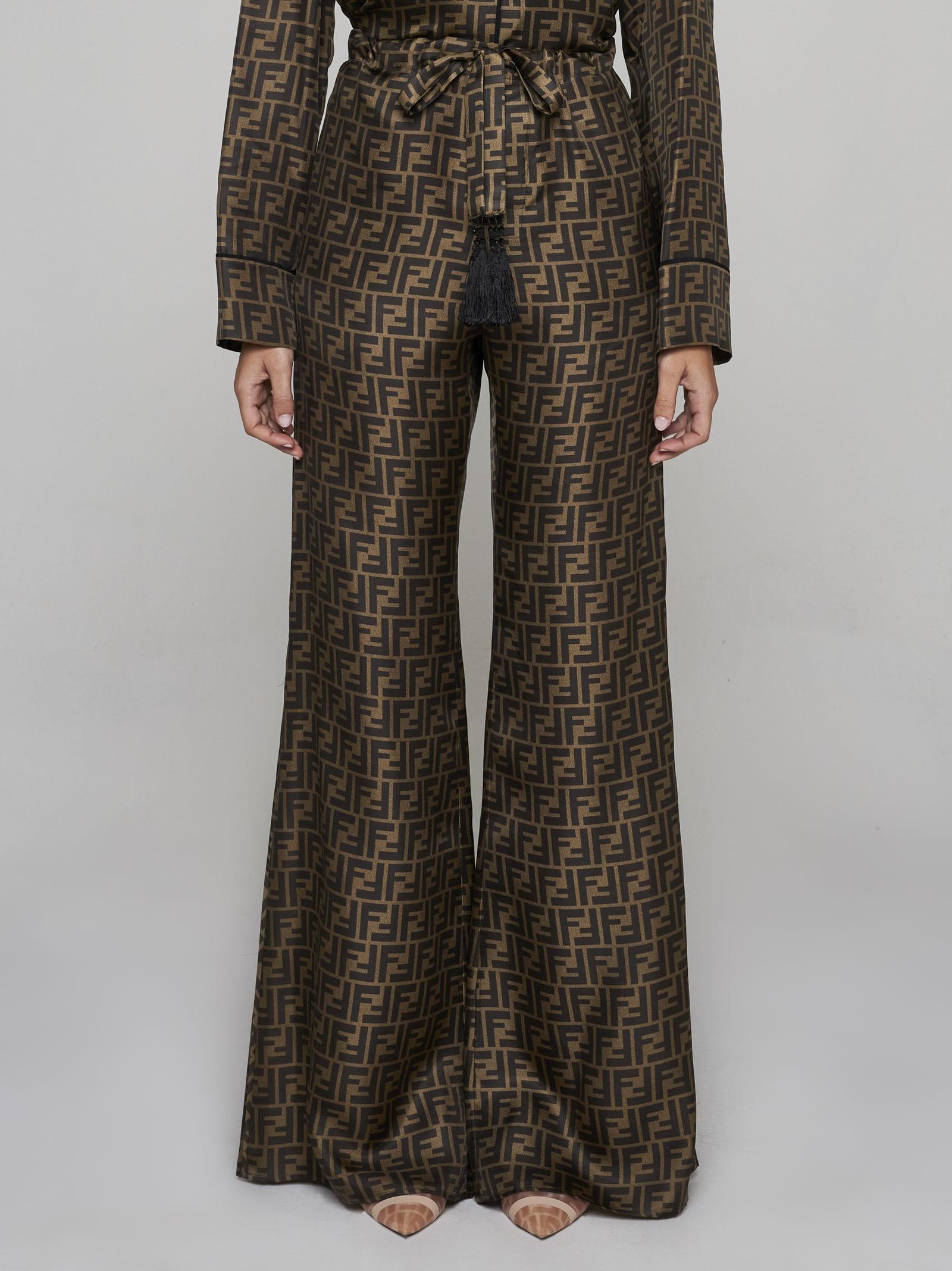 FENDI Tabac soie marron 2023 ZUCCA PALAZZO Pantalon 40 S en vente 2