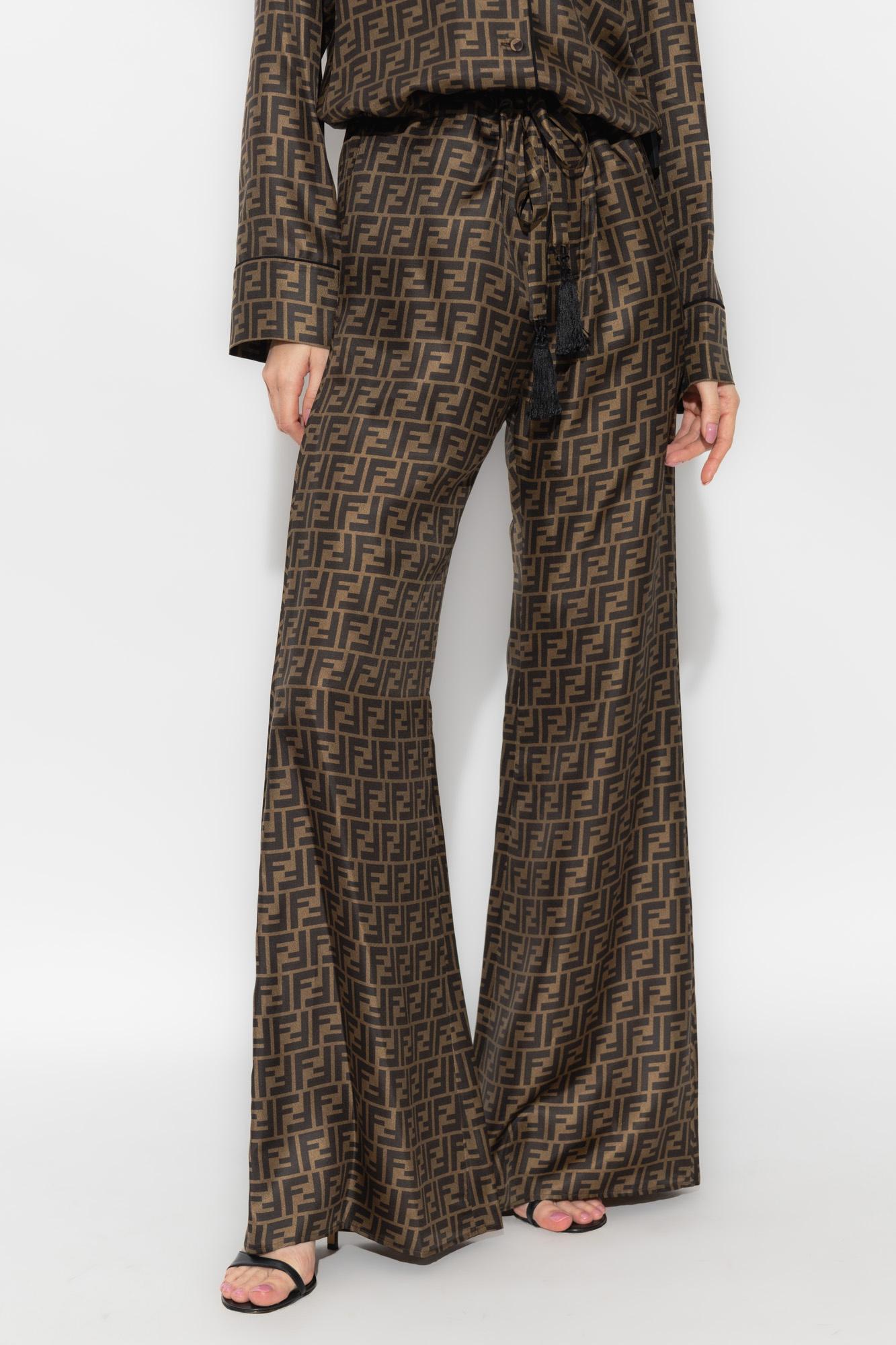 FENDI Tabac soie marron 2023 ZUCCA PALAZZO Pantalon 40 S en vente 4