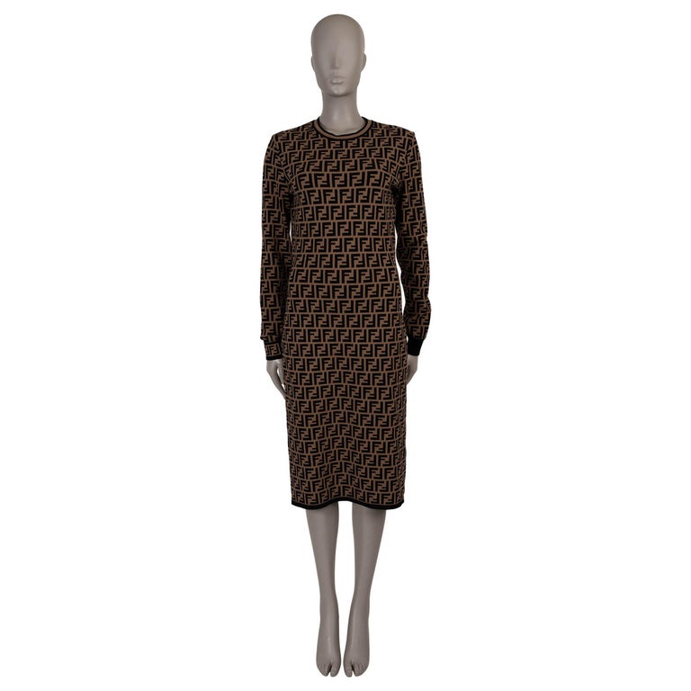 FENDI Tobacco brown viscose ZUCCA FF JACQUARD KNIT Dress L For