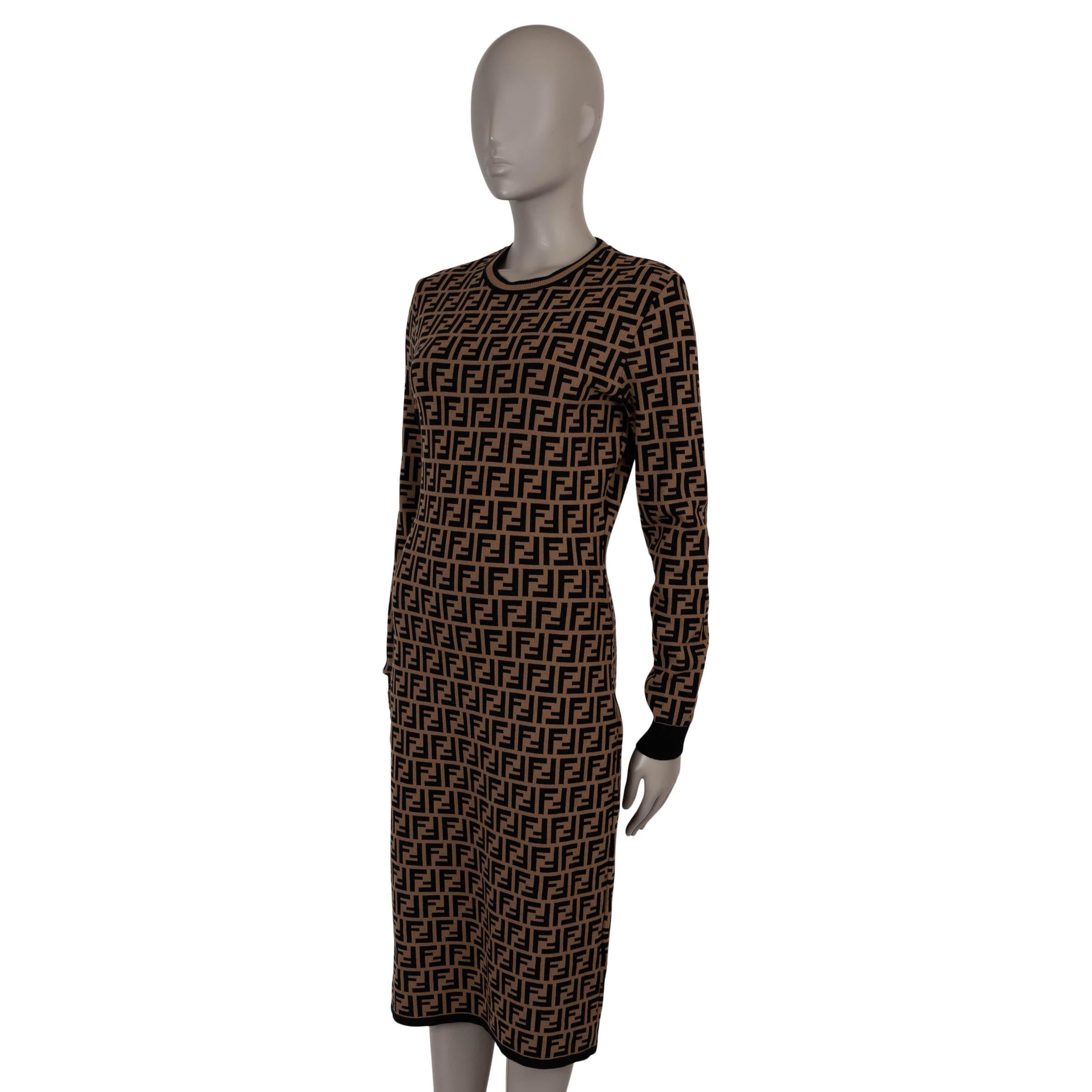 Black FENDI Tobacco brown viscose ZUCCA FF JACQUARD KNIT Dress L For Sale