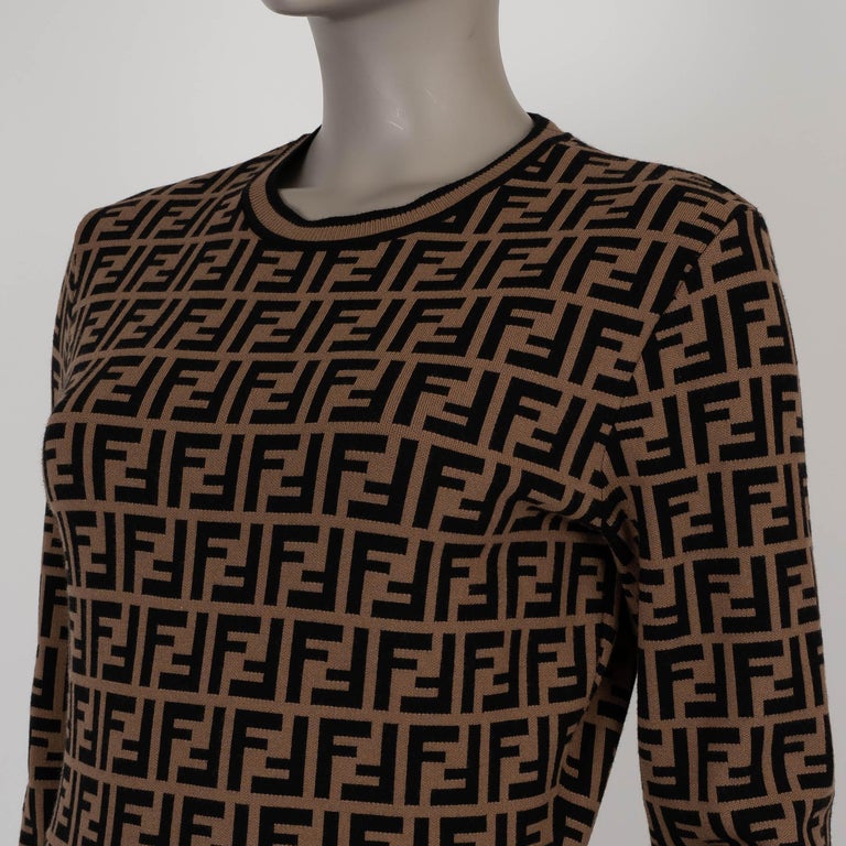 FENDI Tobacco brown viscose ZUCCA FF JACQUARD KNIT Dress L For Sale at  1stDibs