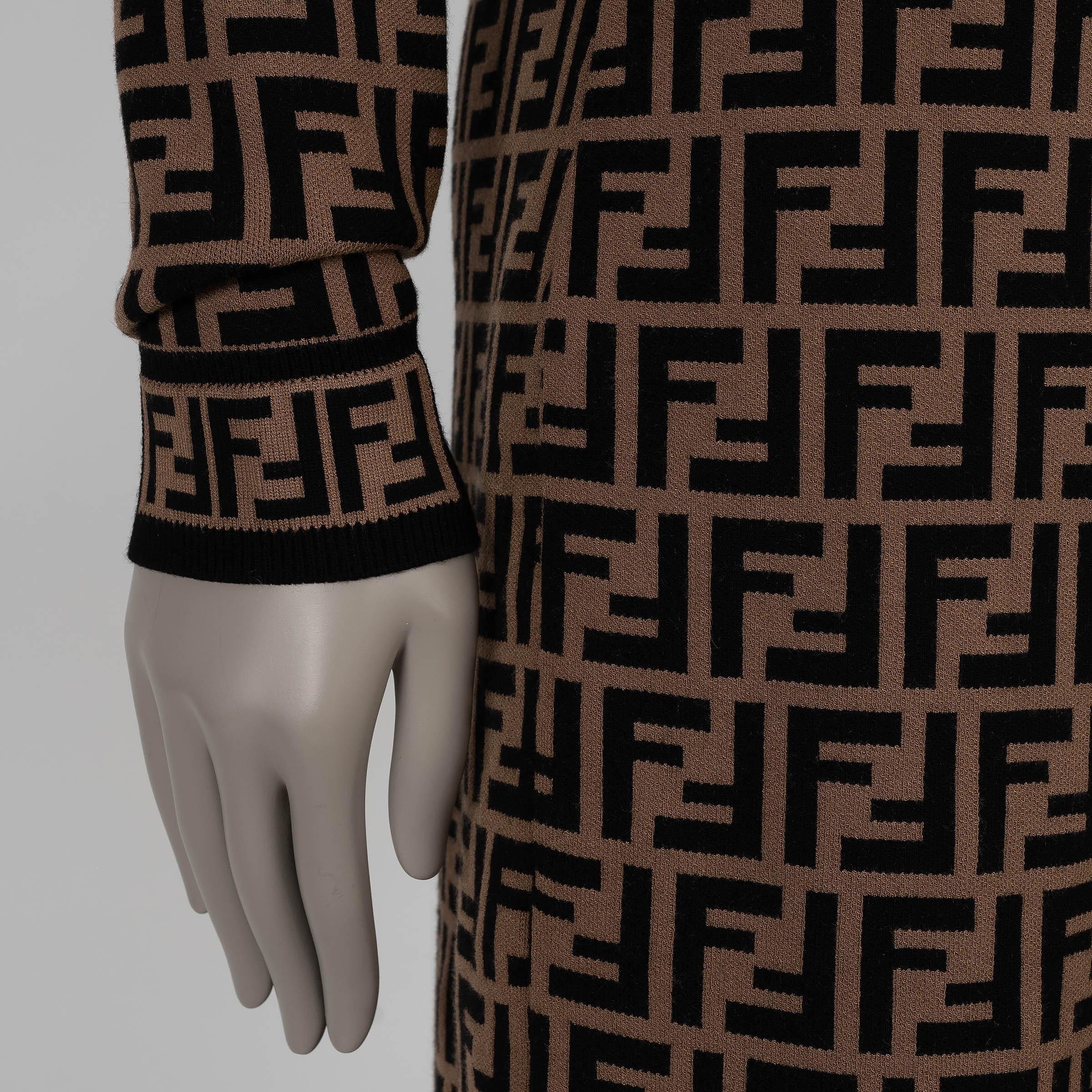 FENDI Tobacco brown viscose ZUCCA FF JACQUARD KNIT Dress L For Sale 1