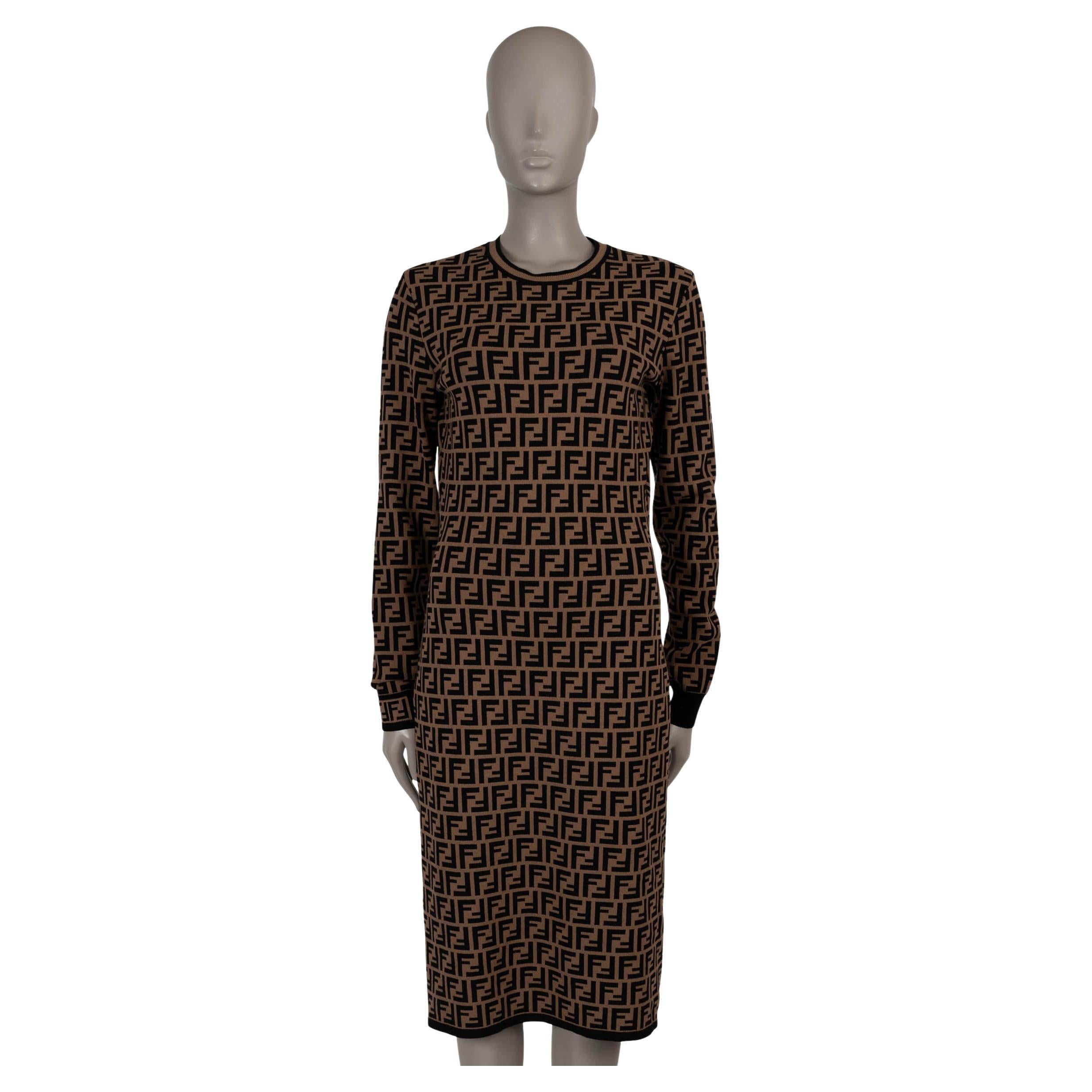 FENDI Tobacco brown viscose ZUCCA FF JACQUARD KNIT Dress L For Sale