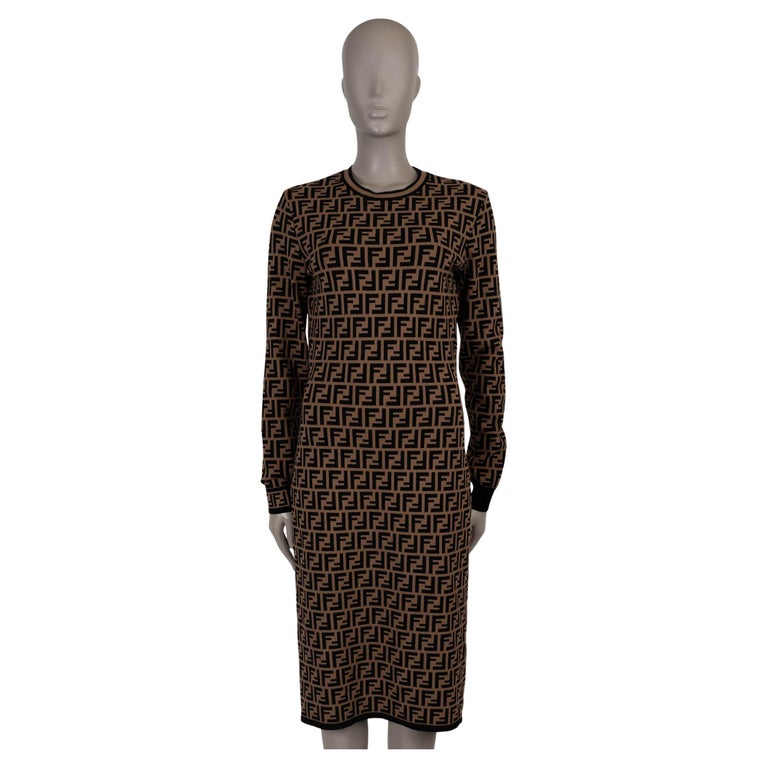 Fendi Brown Twill Dress FENDI Tobacco Brown Viscose ZUCCA FF JACQUARD KNIT Dress L For Sale
