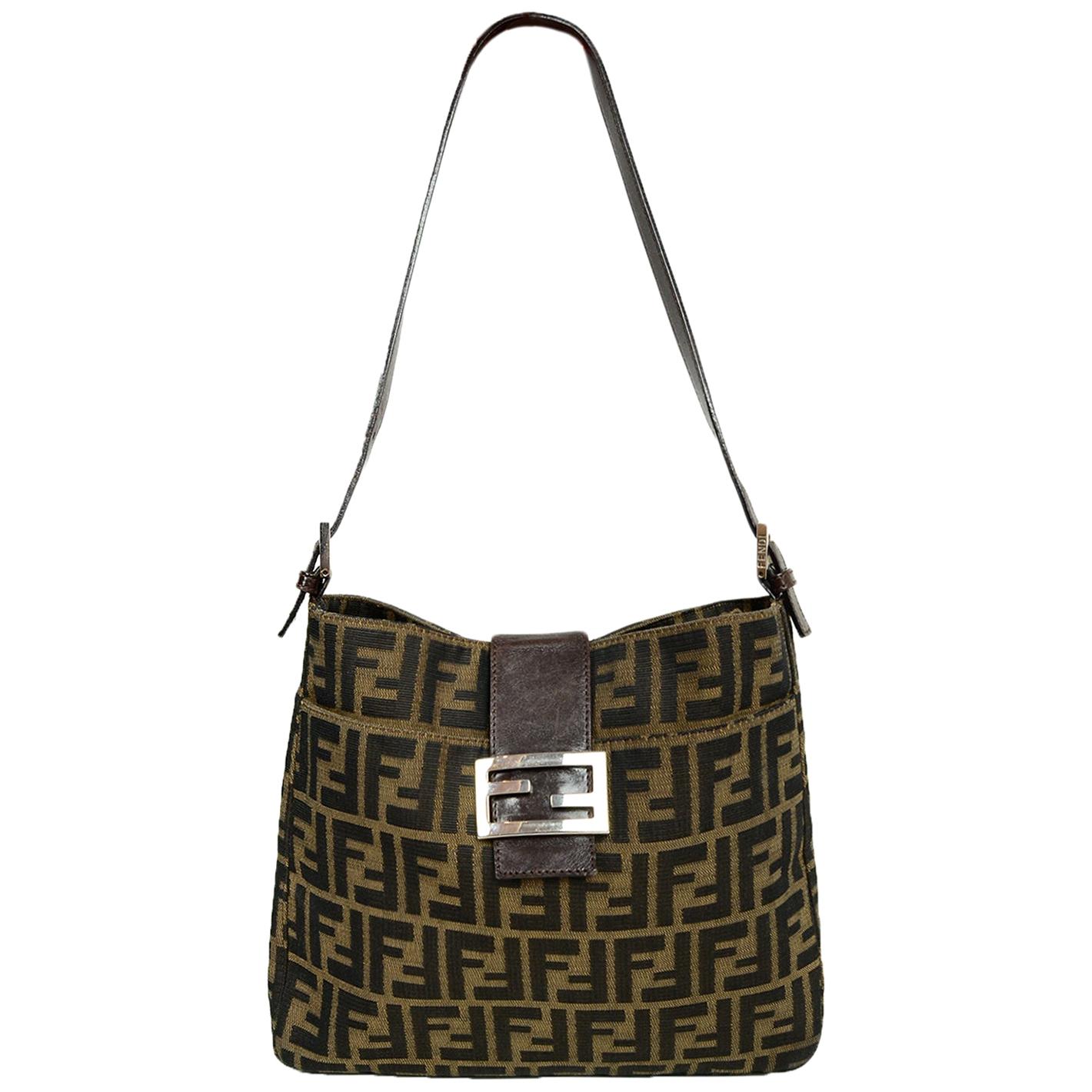 Fendi Tobacco Brown Zucca Monogram Shoulder Bag w/ Logo Buckle