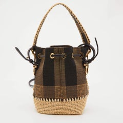 Fendi Tobacco/Cream Zucca Canvas and Raffia Mini Mon Tresor Bucket Bag