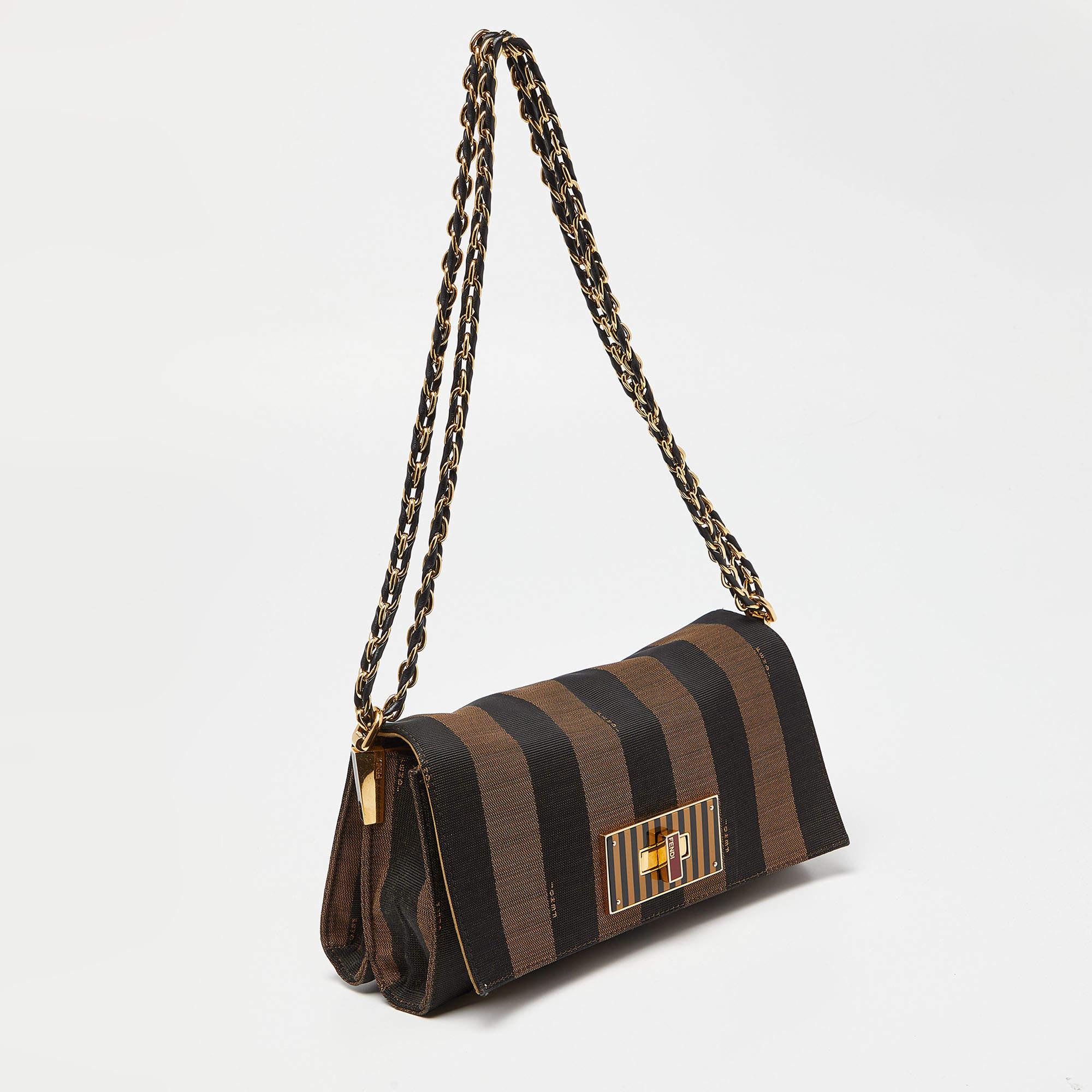 Fendi Tobacco Pequin Canvas and Leather Small Claudia Shoulder Bag In Good Condition In Dubai, Al Qouz 2