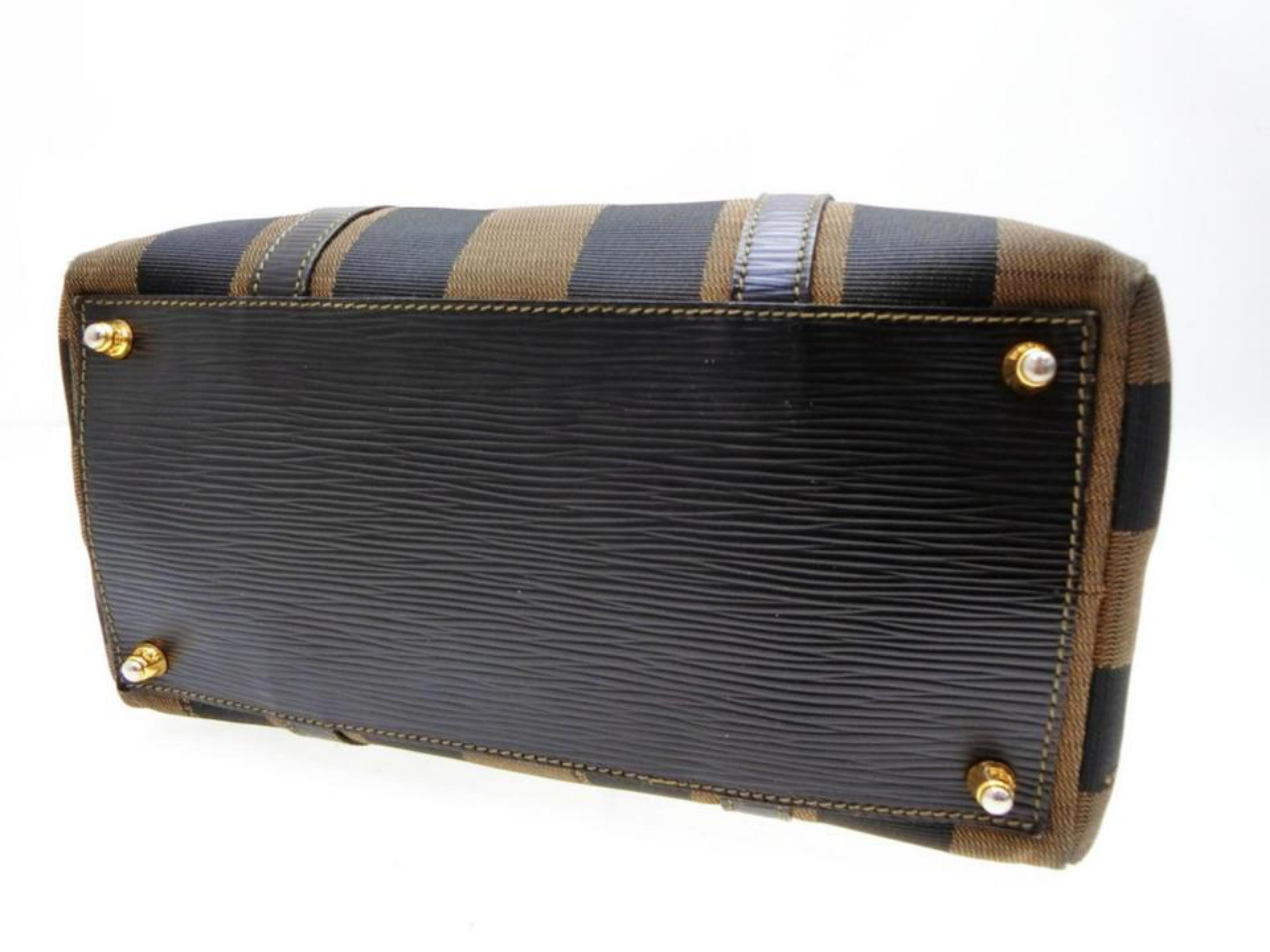 Fendi Tobacco Pequin Strip Boston with Strap 232175 Brown Canvas Satchel For Sale 4