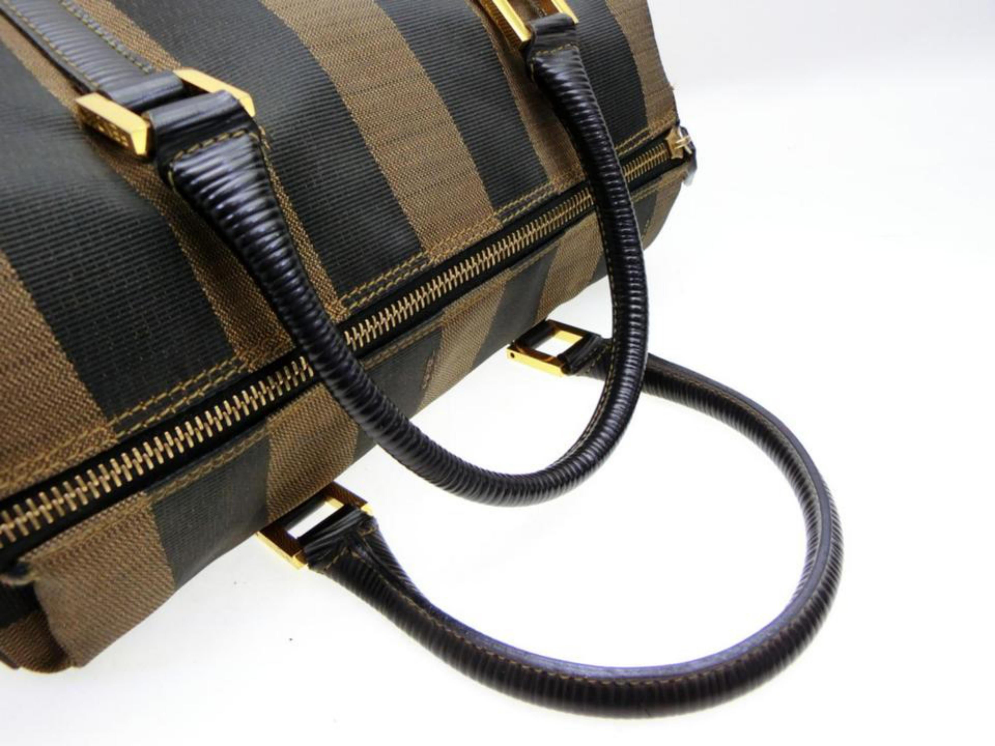 Fendi Tobacco Pequin Strip Boston with Strap 232175 Brown Canvas Satchel In Good Condition For Sale In Forest Hills, NY