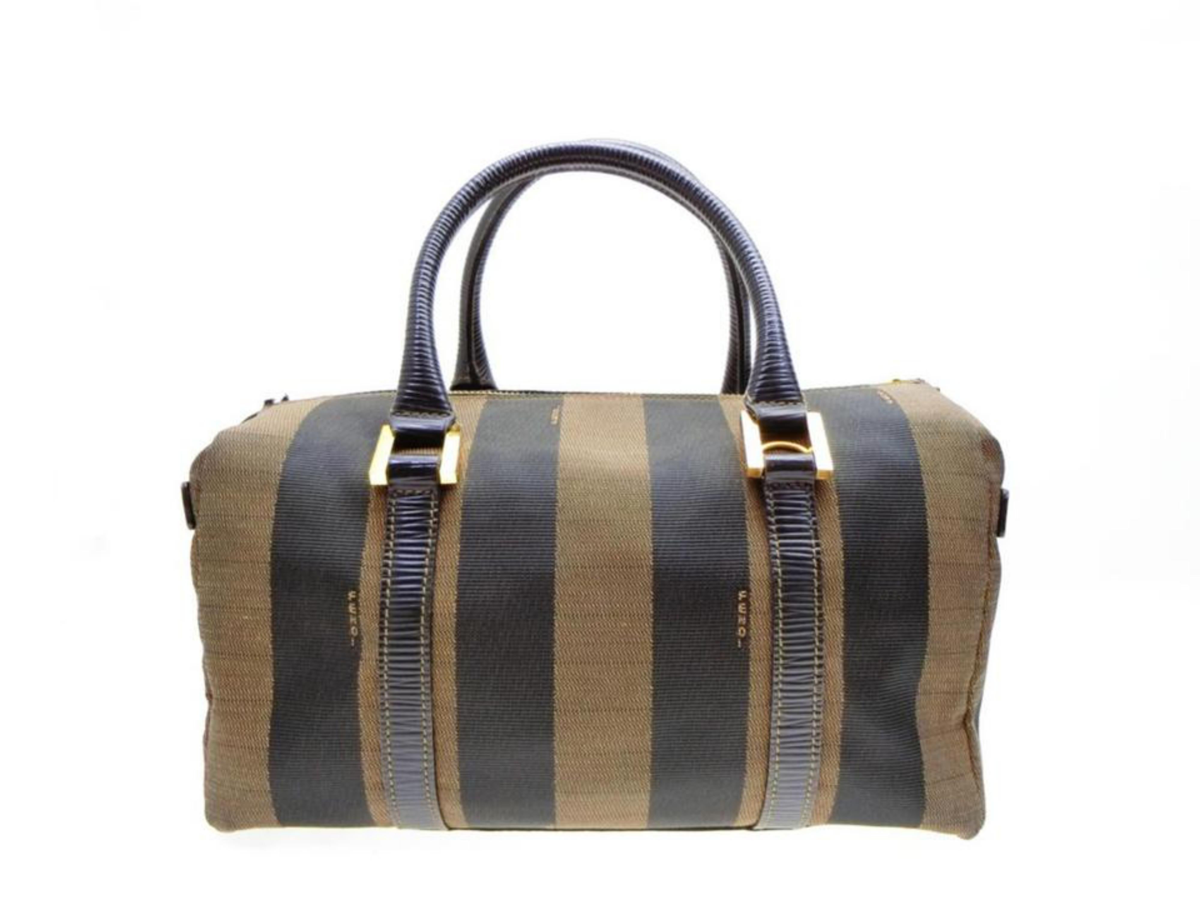 Women's Fendi Tobacco Pequin Strip Boston with Strap 232175 Brown Canvas Satchel For Sale