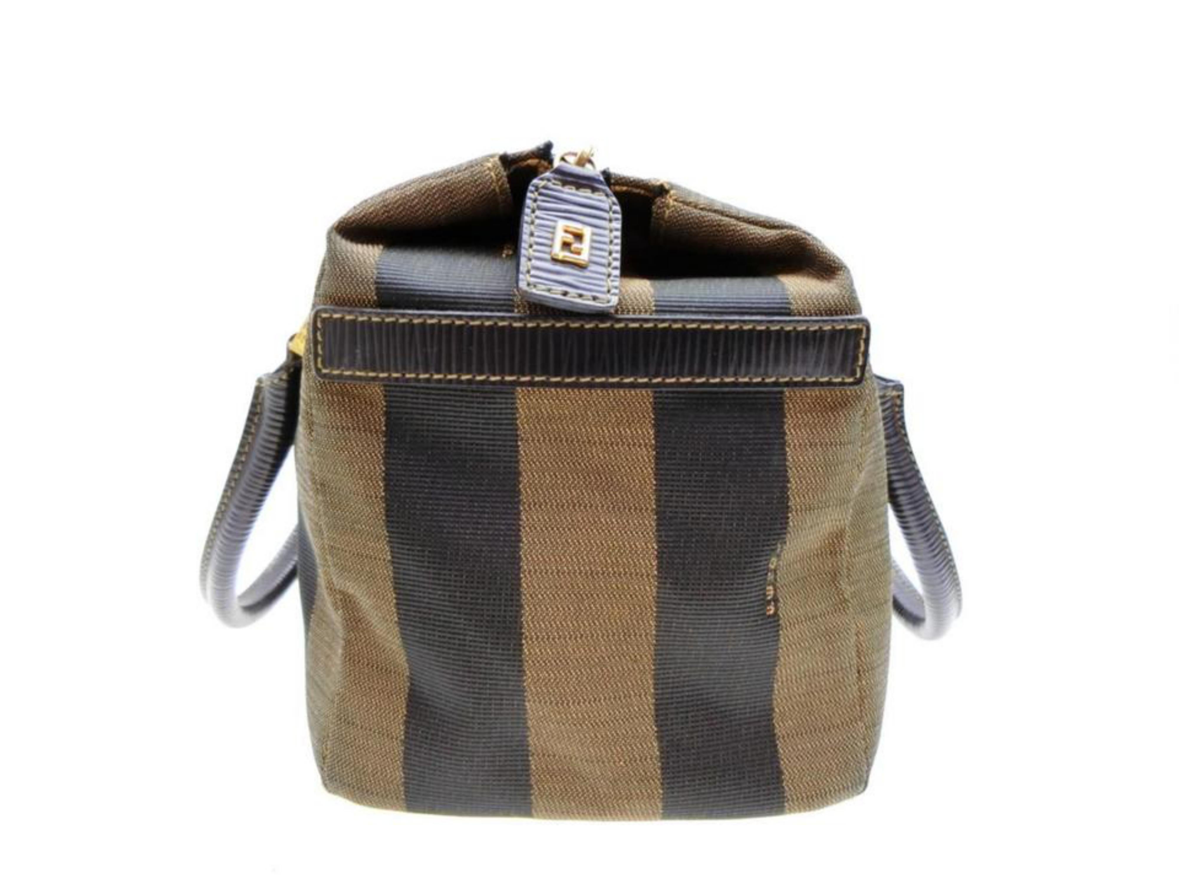 Fendi Tobacco Pequin Strip Boston with Strap 232175 Brown Canvas Satchel For Sale 1