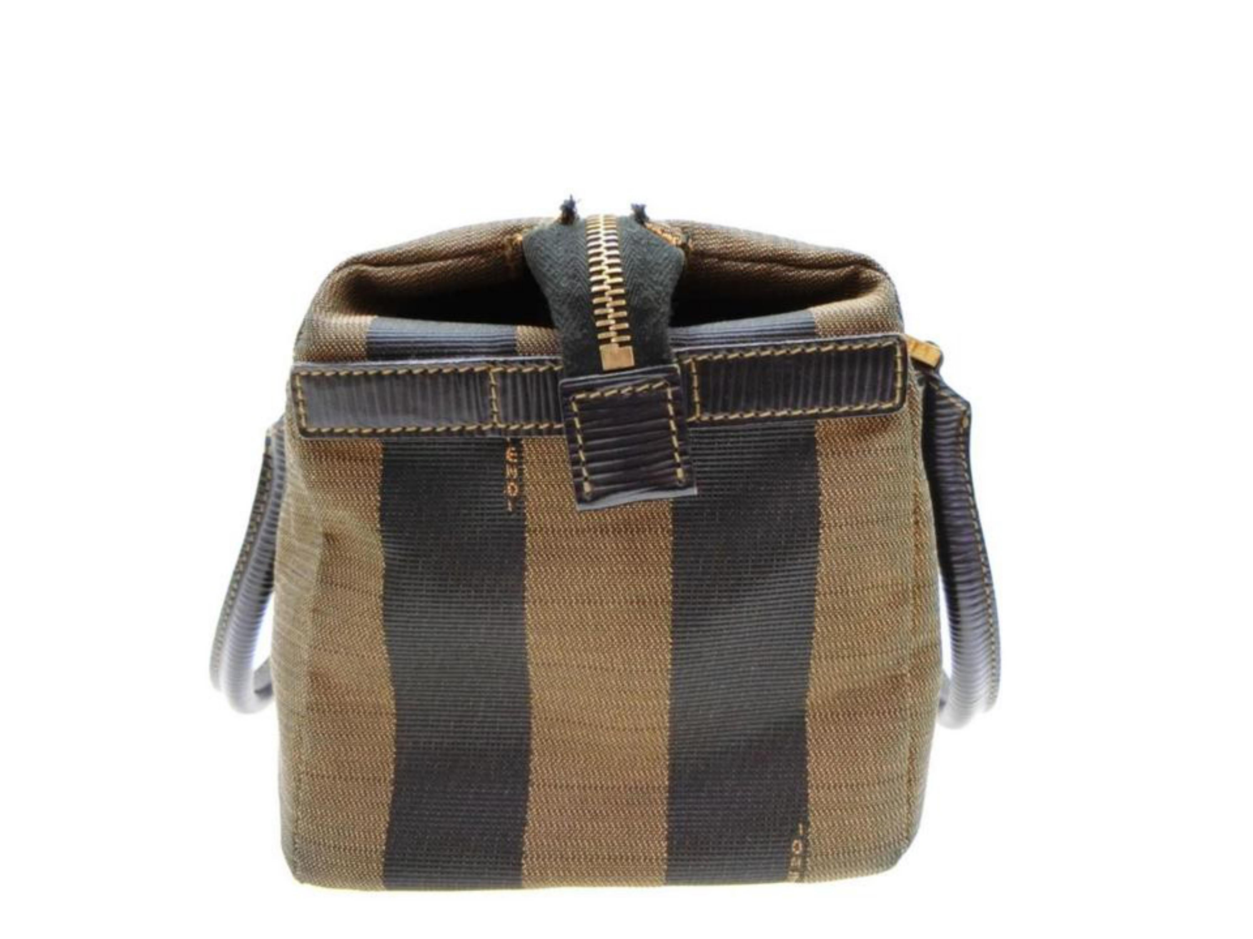 Fendi Tobacco Pequin Strip Boston with Strap 232175 Brown Canvas Satchel For Sale 2