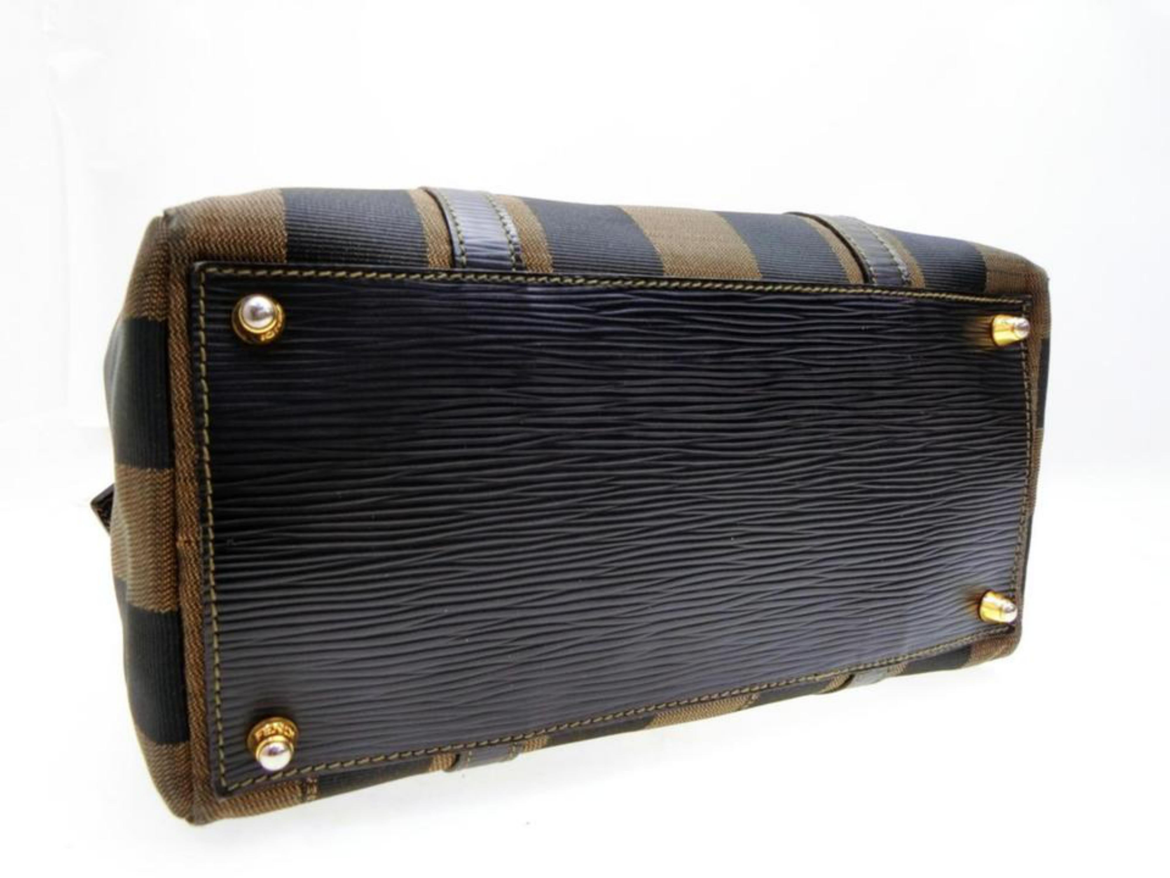 Fendi Tobacco Pequin Strip Boston with Strap 232175 Brown Canvas Satchel For Sale 3