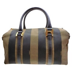 Fendi Tobacco Pequin Strip Boston with Strap 232175 Brown Canvas Satchel